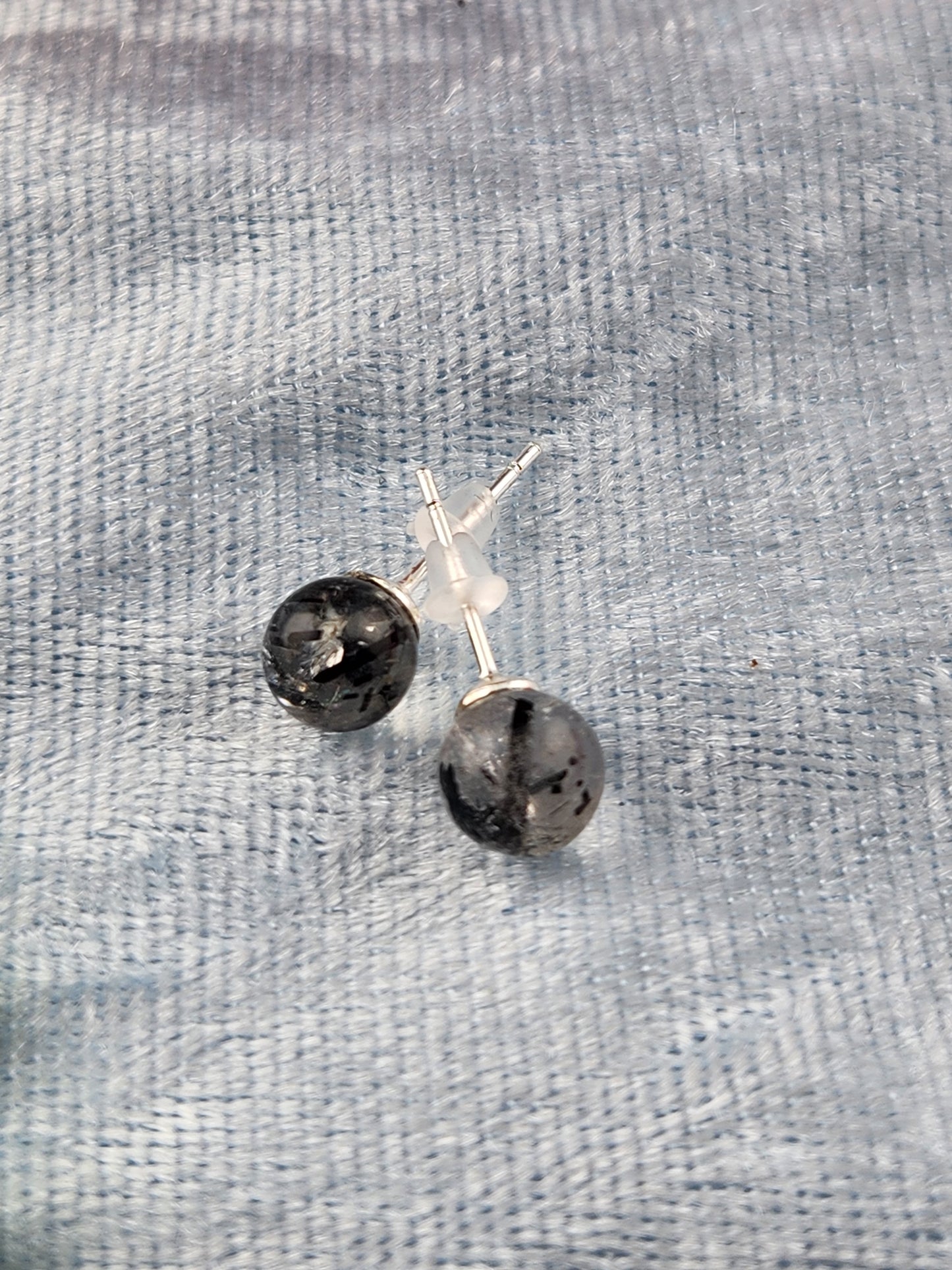 Black Rutile Stud Earrings - Sterling Silver 925