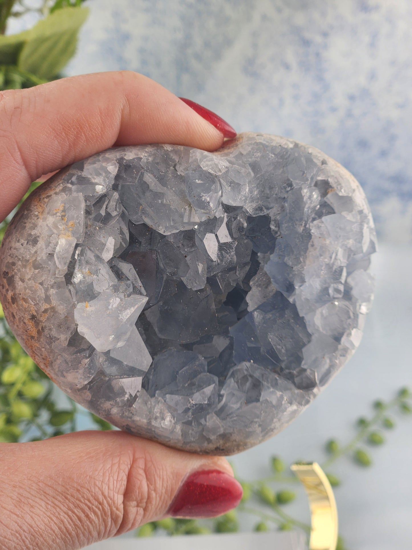 Celestite Heart On Gold Stand