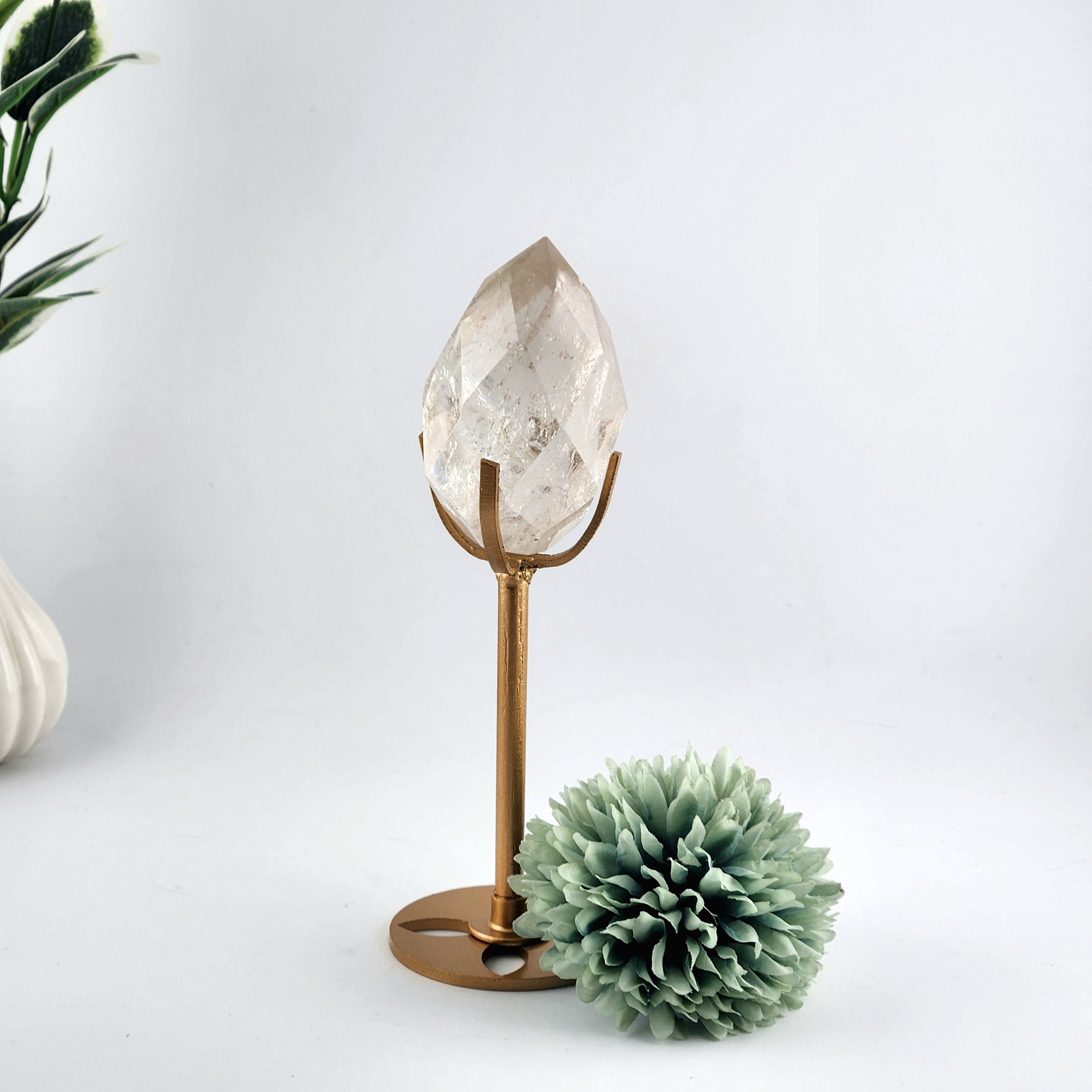 Faceted Clear Quartz Diamond On Custom Gold Stand