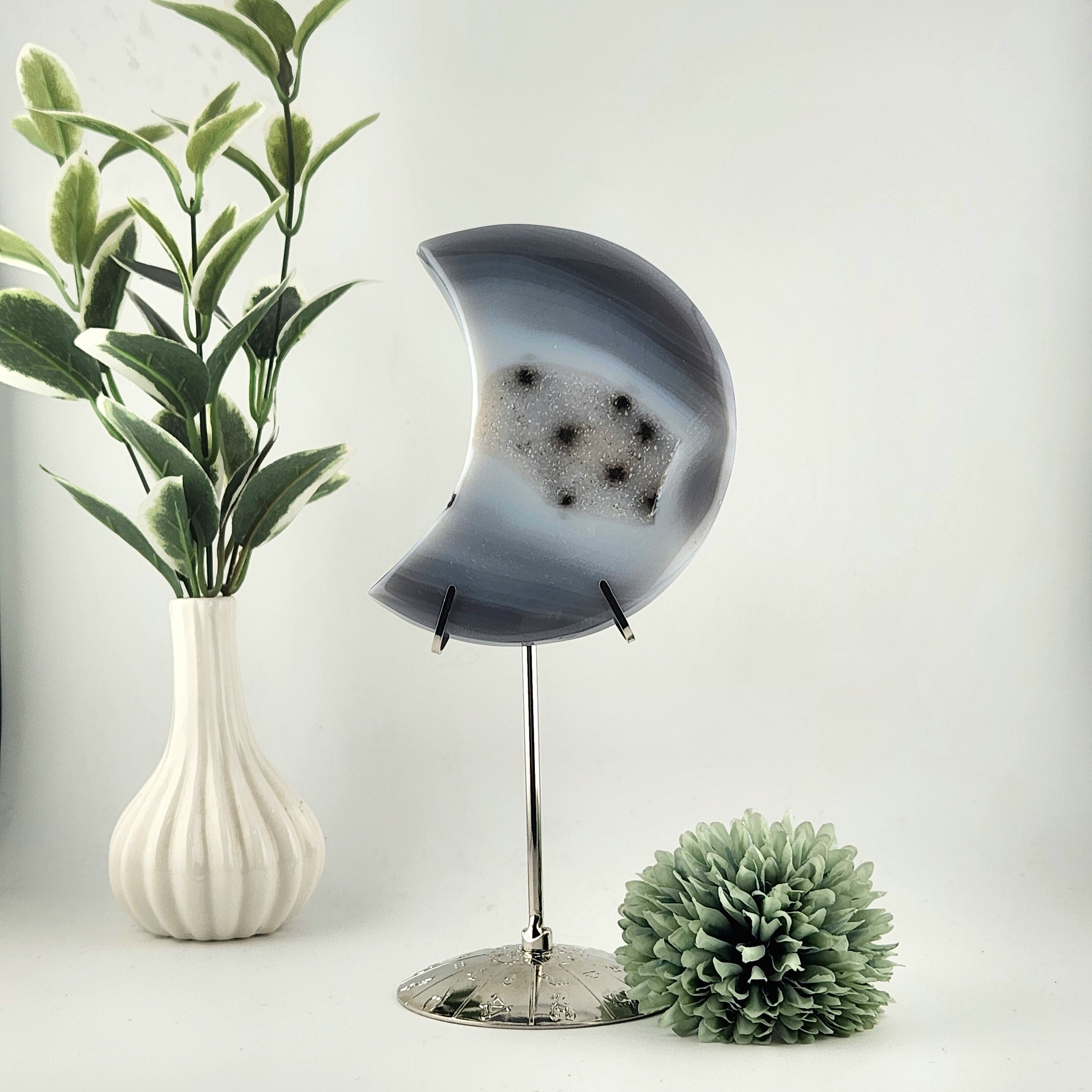 Blue Agate Moon with White and Black Druzy Centre