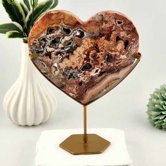 Pink Crazy Lace Agate Heart on Custom Gold Stand