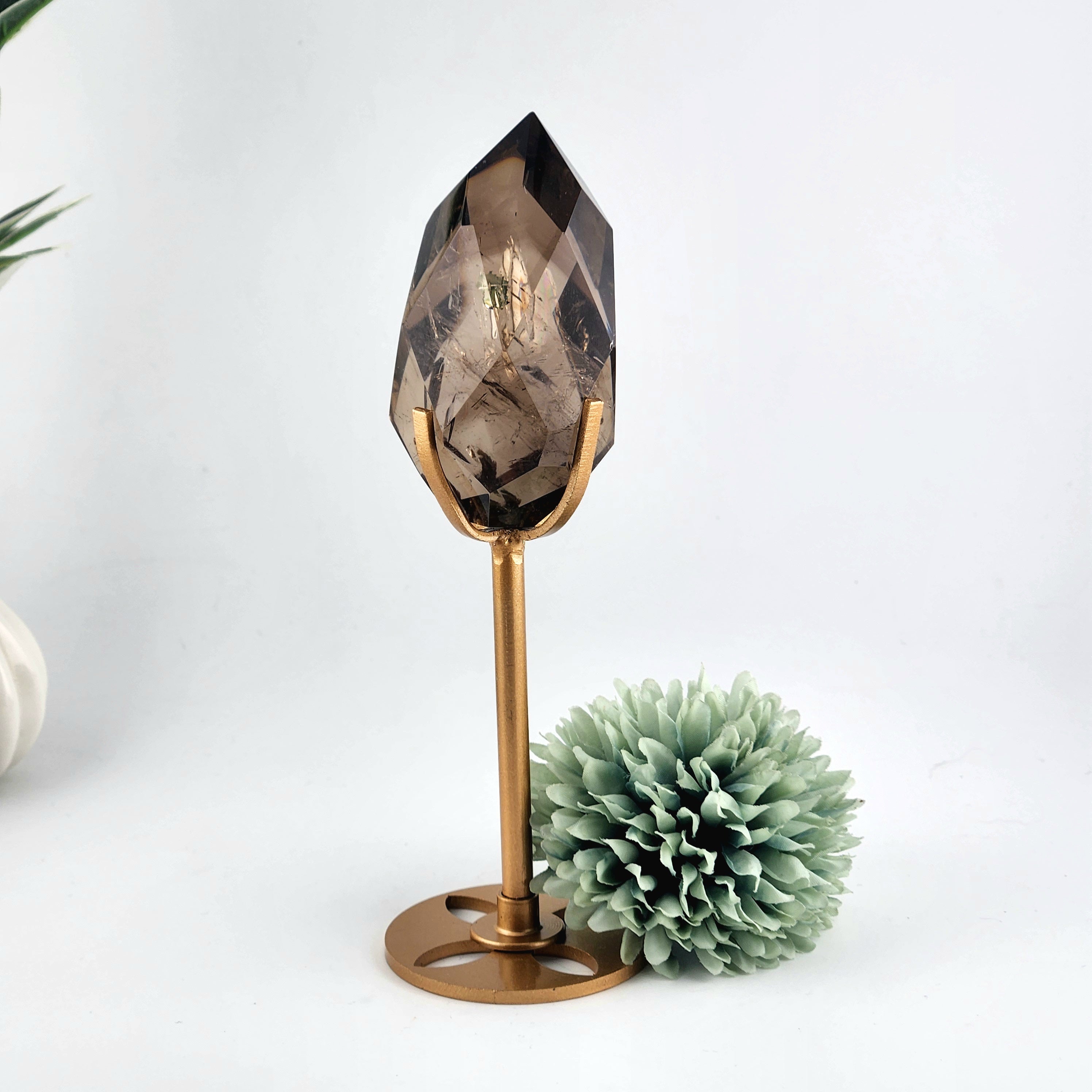 Faceted Smokey Quartz Diamond On Custom Gold Stand