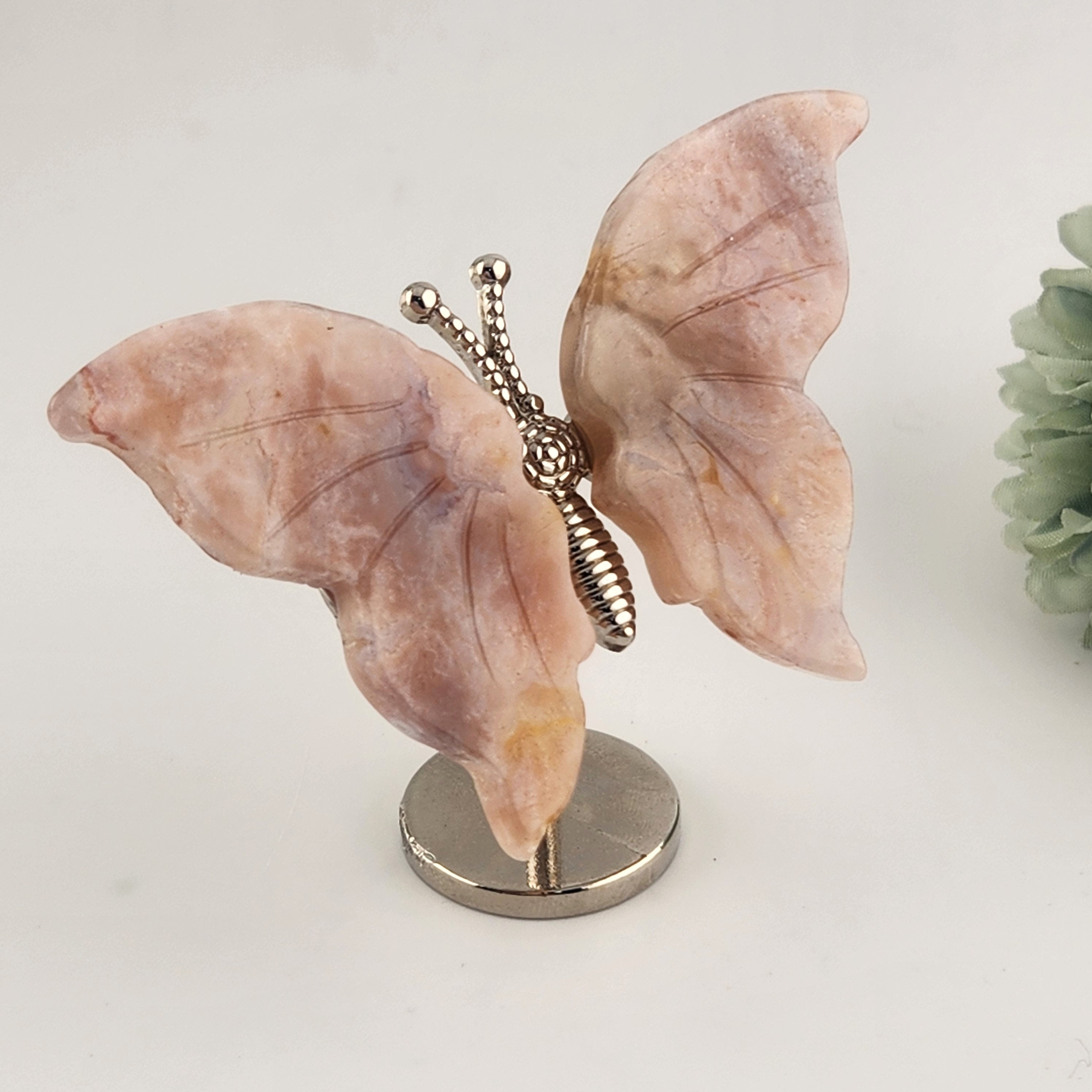 Pink Flower Agate Butterfly On Stand