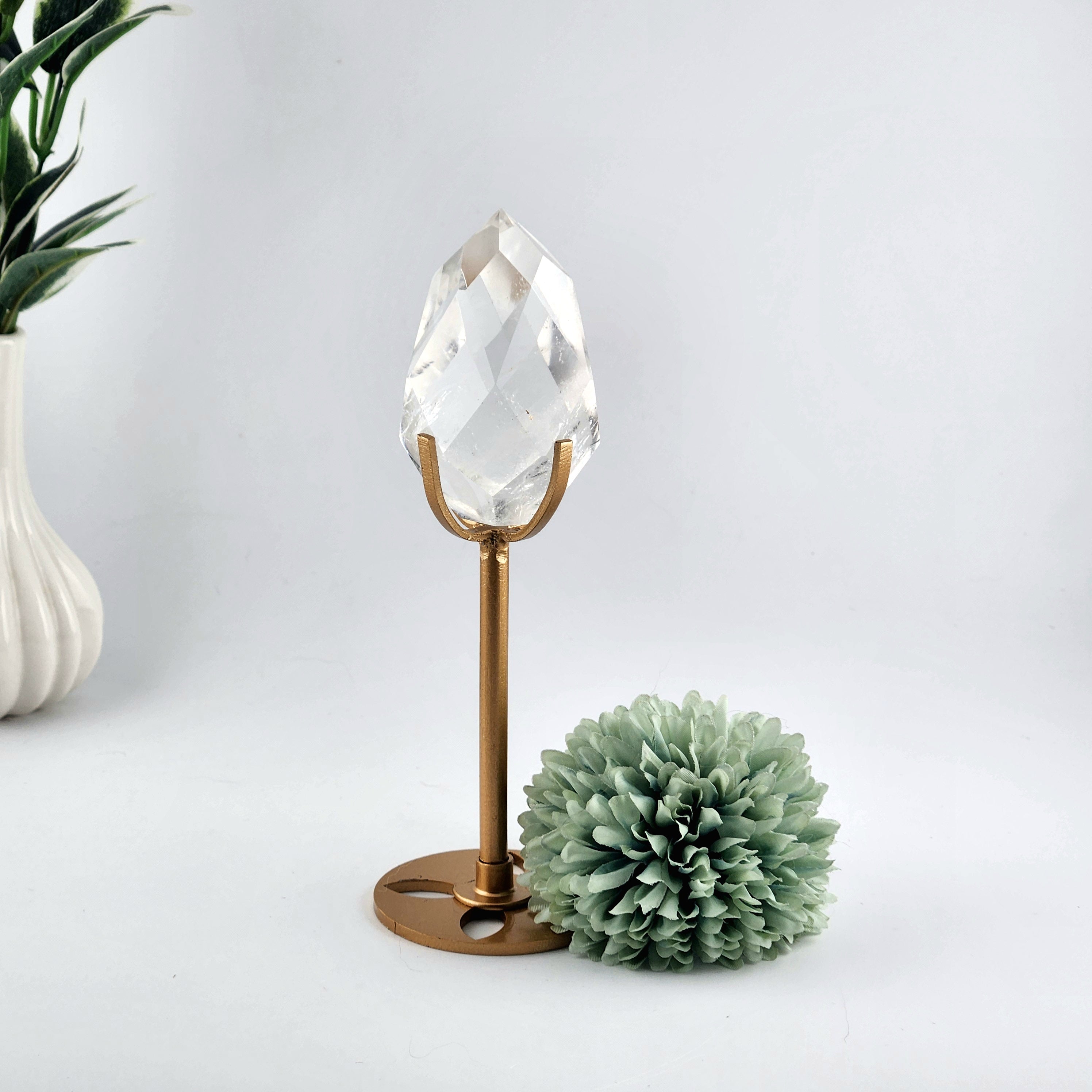 Faceted Clear Quartz Diamond On Custom Gold Stand