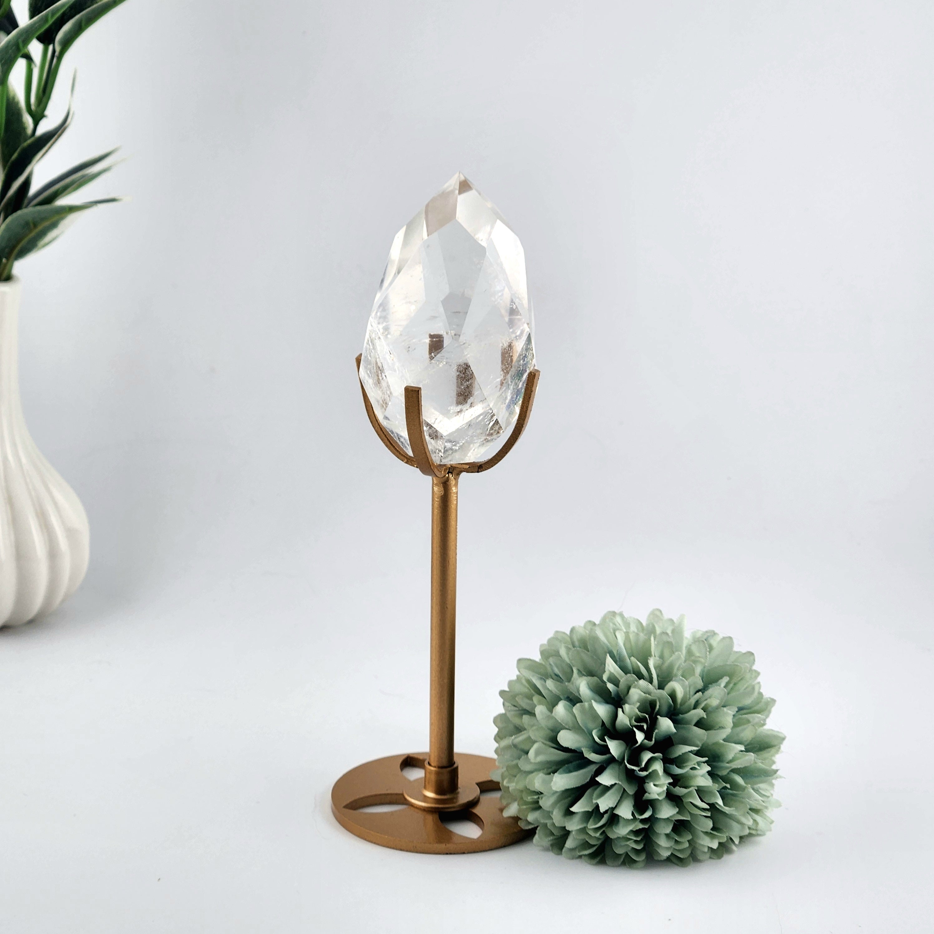 Faceted Clear Quartz Diamond On Custom Gold Stand