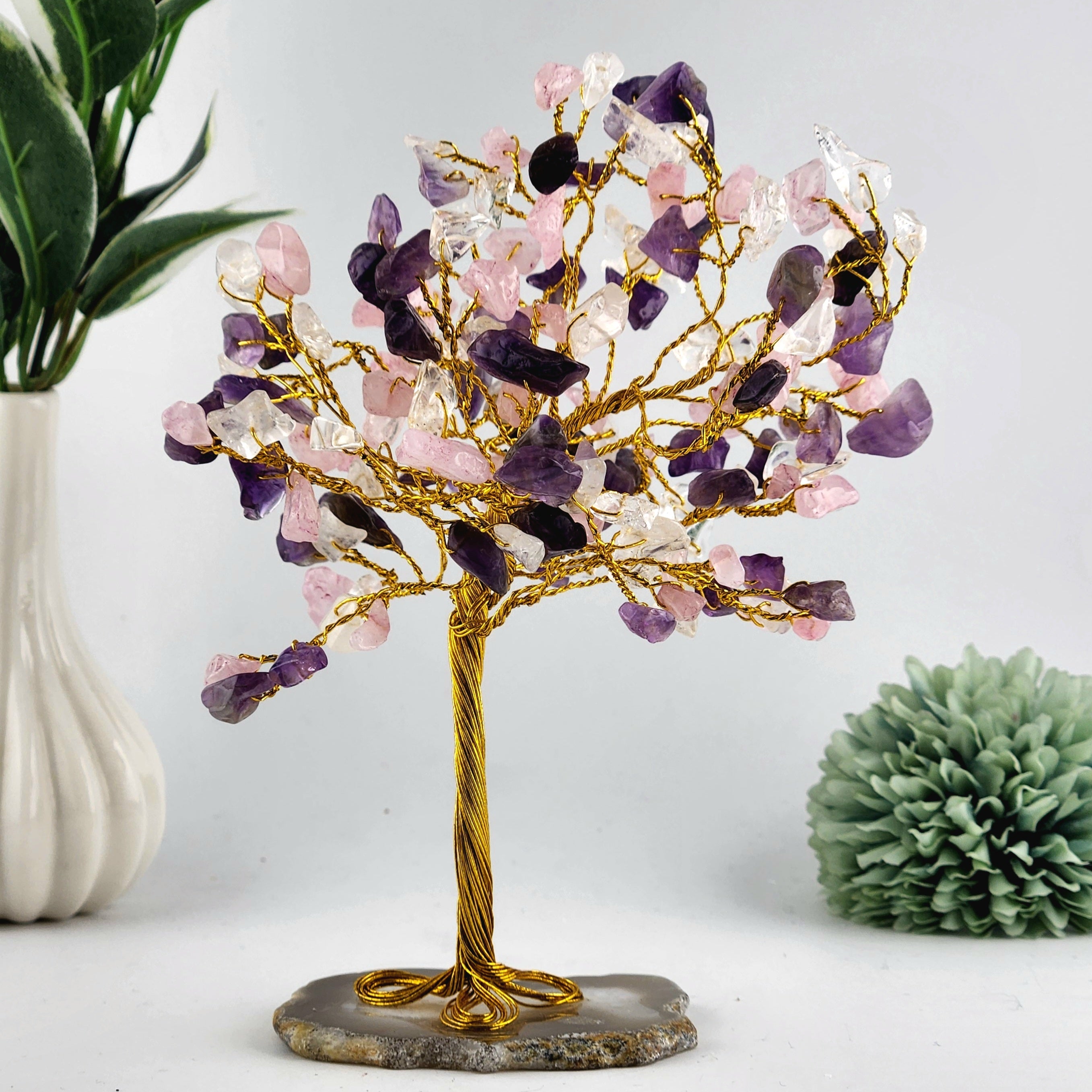 Amethyst, Rose Quartz + Clear Quartz Crystal Chip Tree