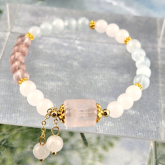 Strawberry Quartz + Aquamarine + Clear Quartz Bracelet