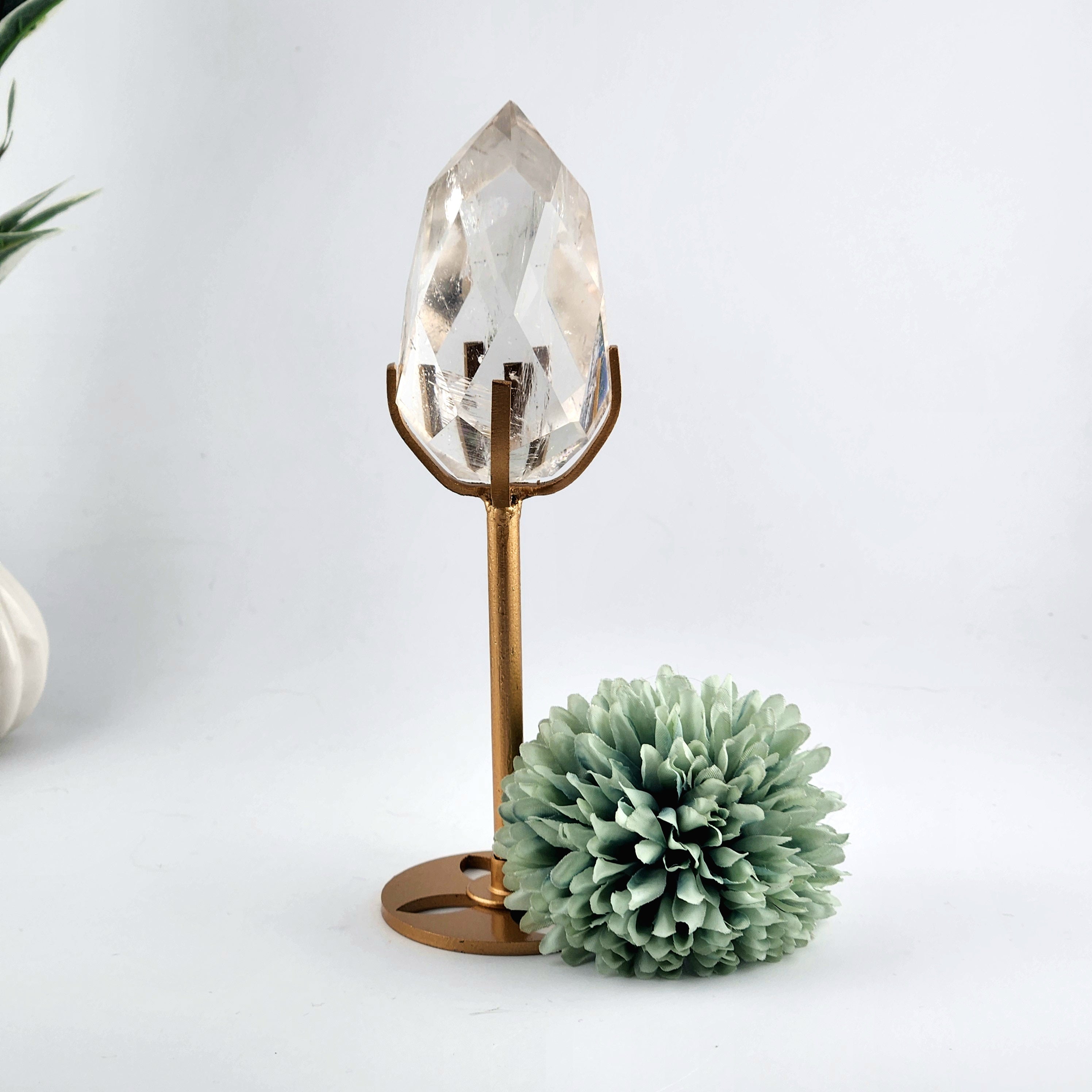 Faceted Clear Quartz Diamond On Custom Gold Stand