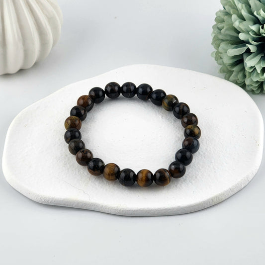 Blue + Yellow Tigers Eye Beaded Bracelet - 8mm