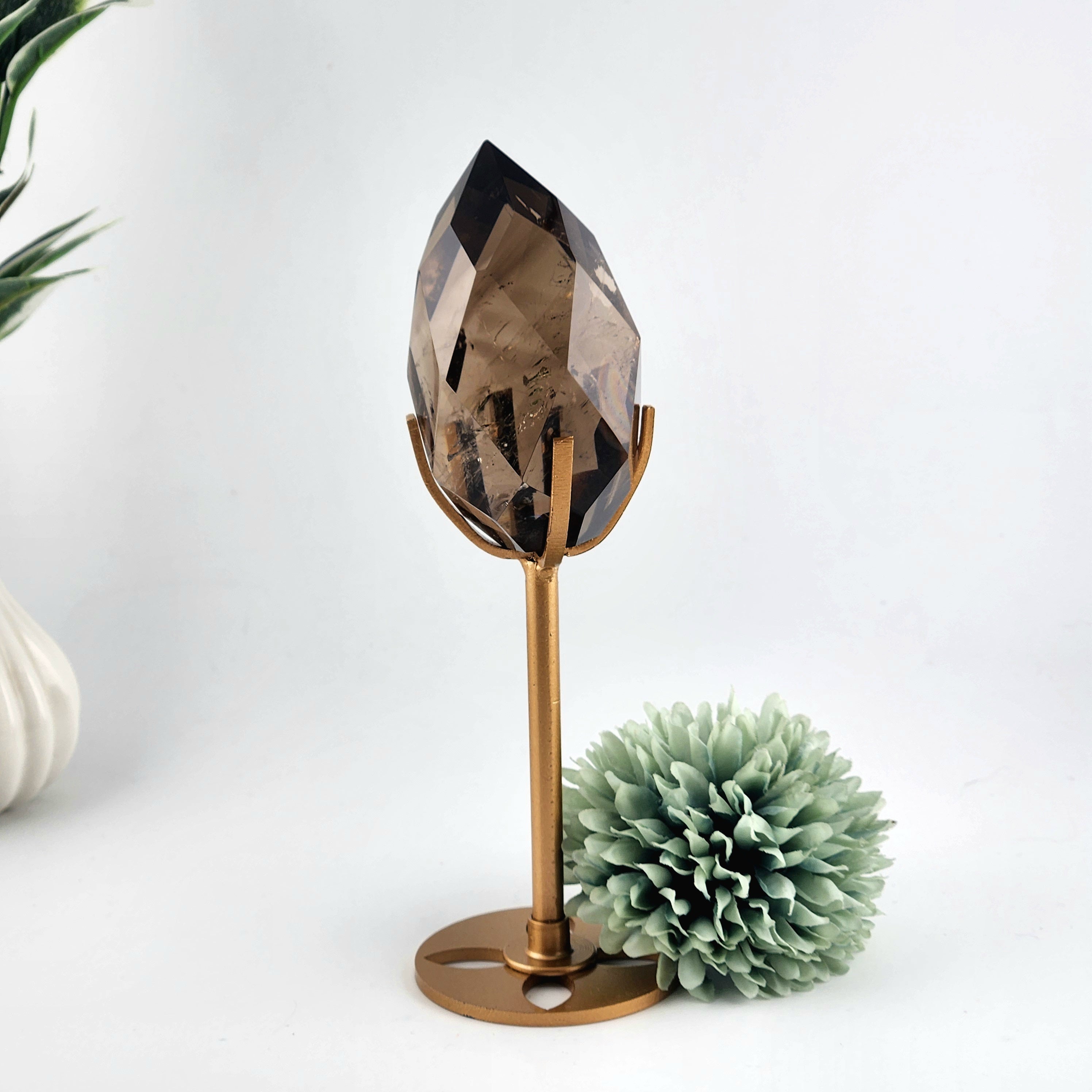 Faceted Smokey Quartz Diamond On Custom Gold Stand