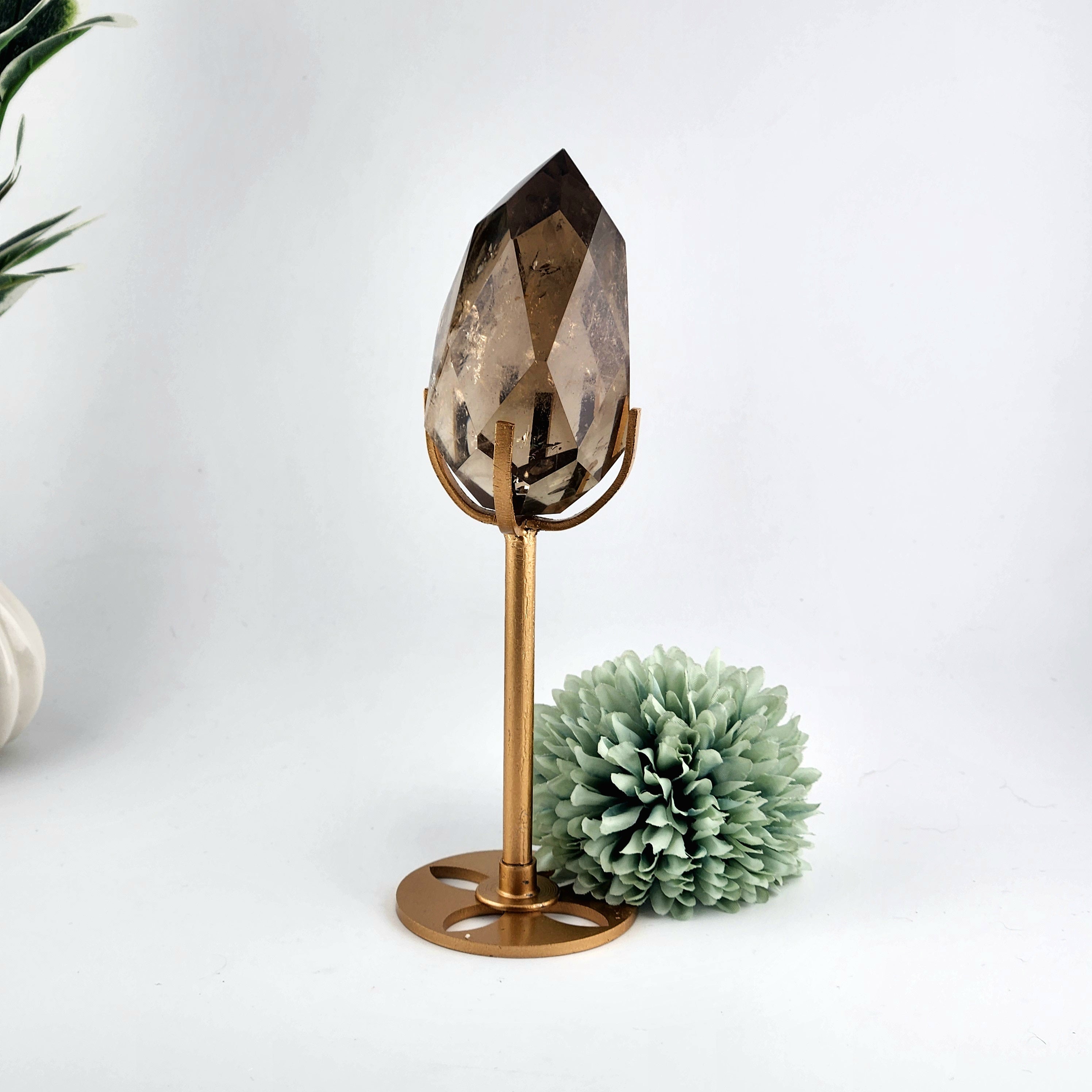 Faceted Smokey Quartz Diamond On Custom Gold Stand