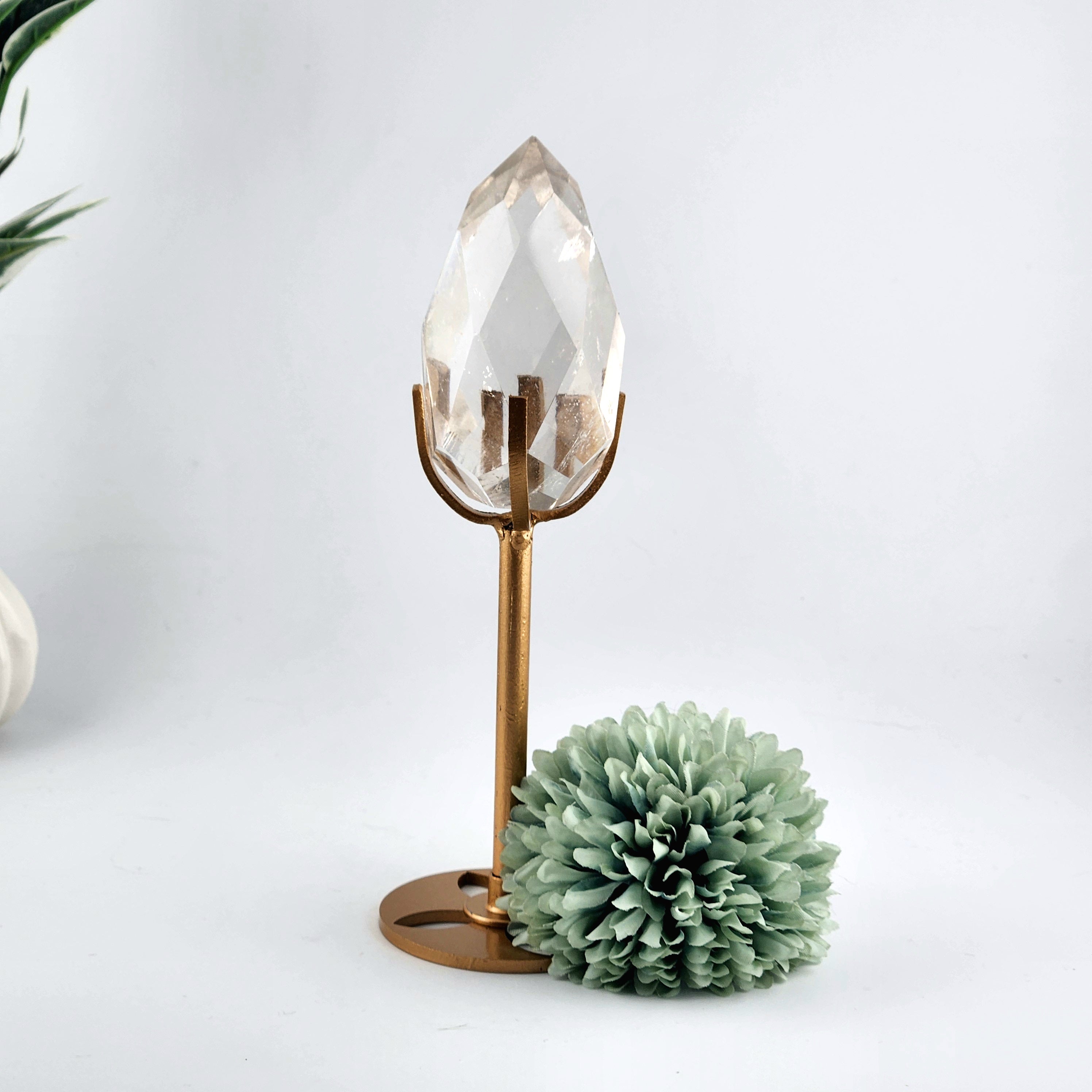Faceted Clear Quartz Diamond On Custom Gold Stand