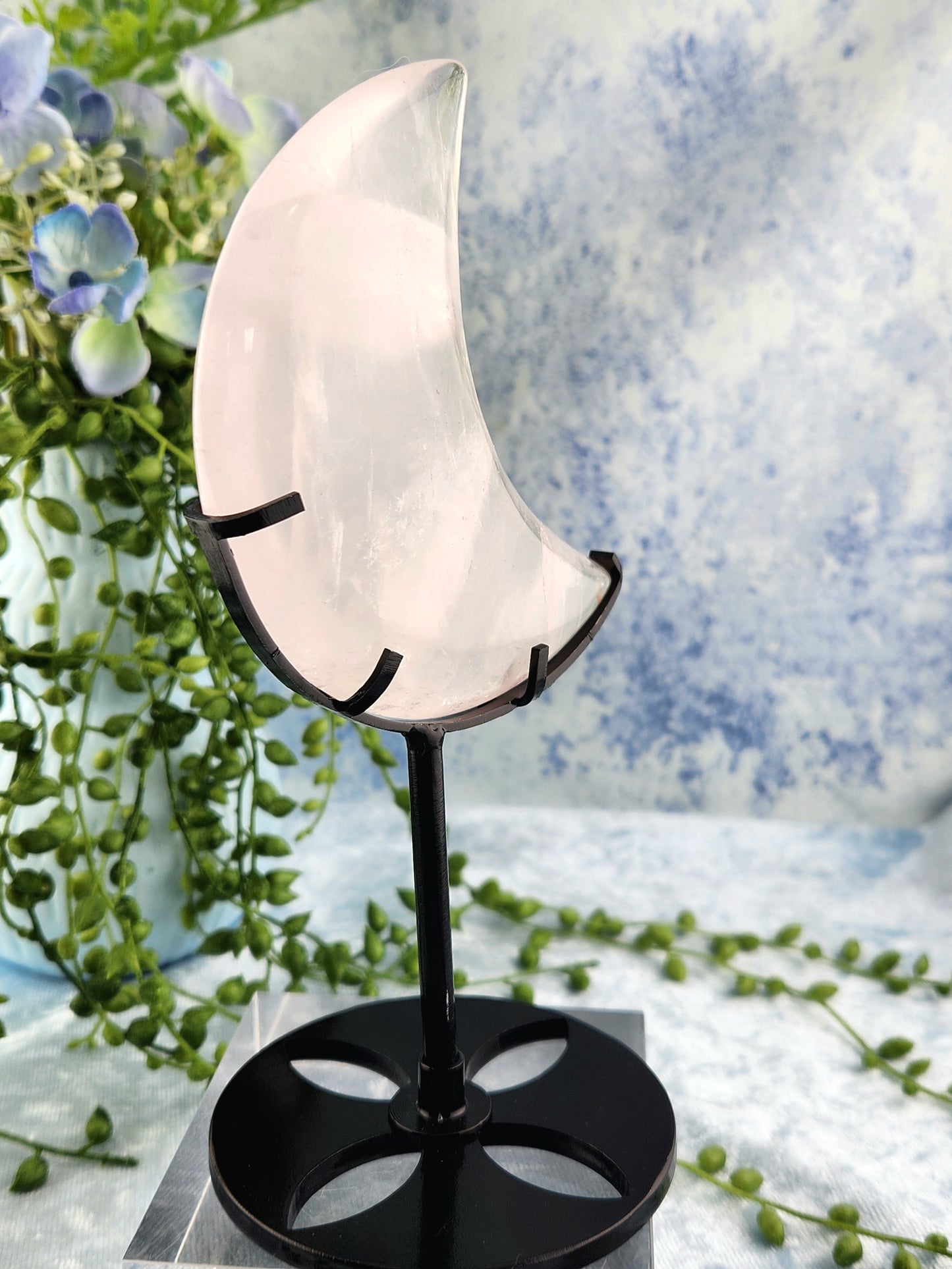 Rose Quartz Moon on Custom Stand