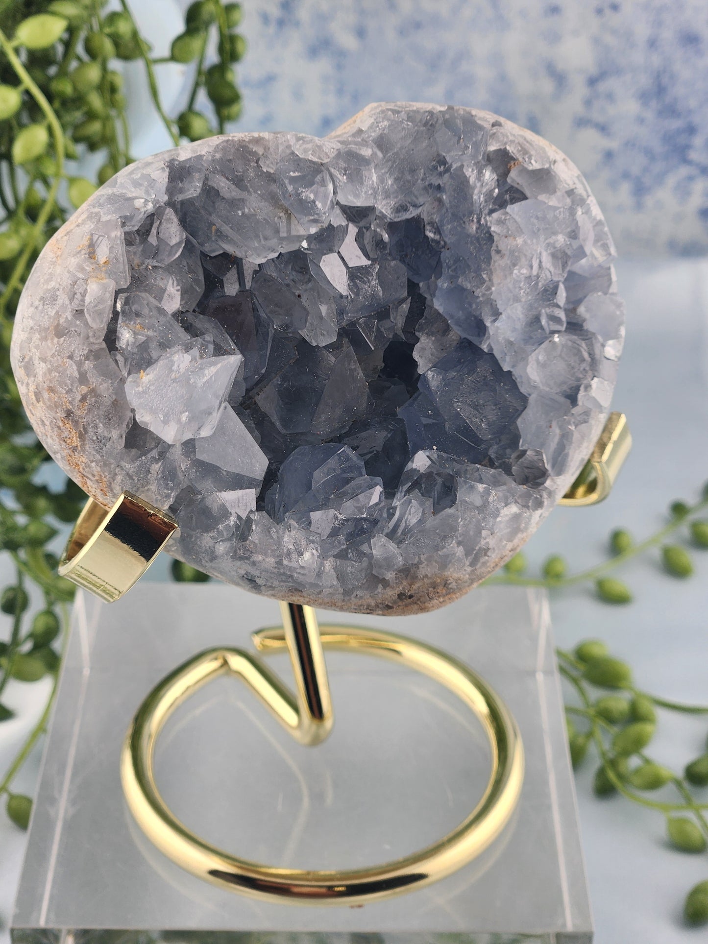 Celestite Heart On Gold Stand