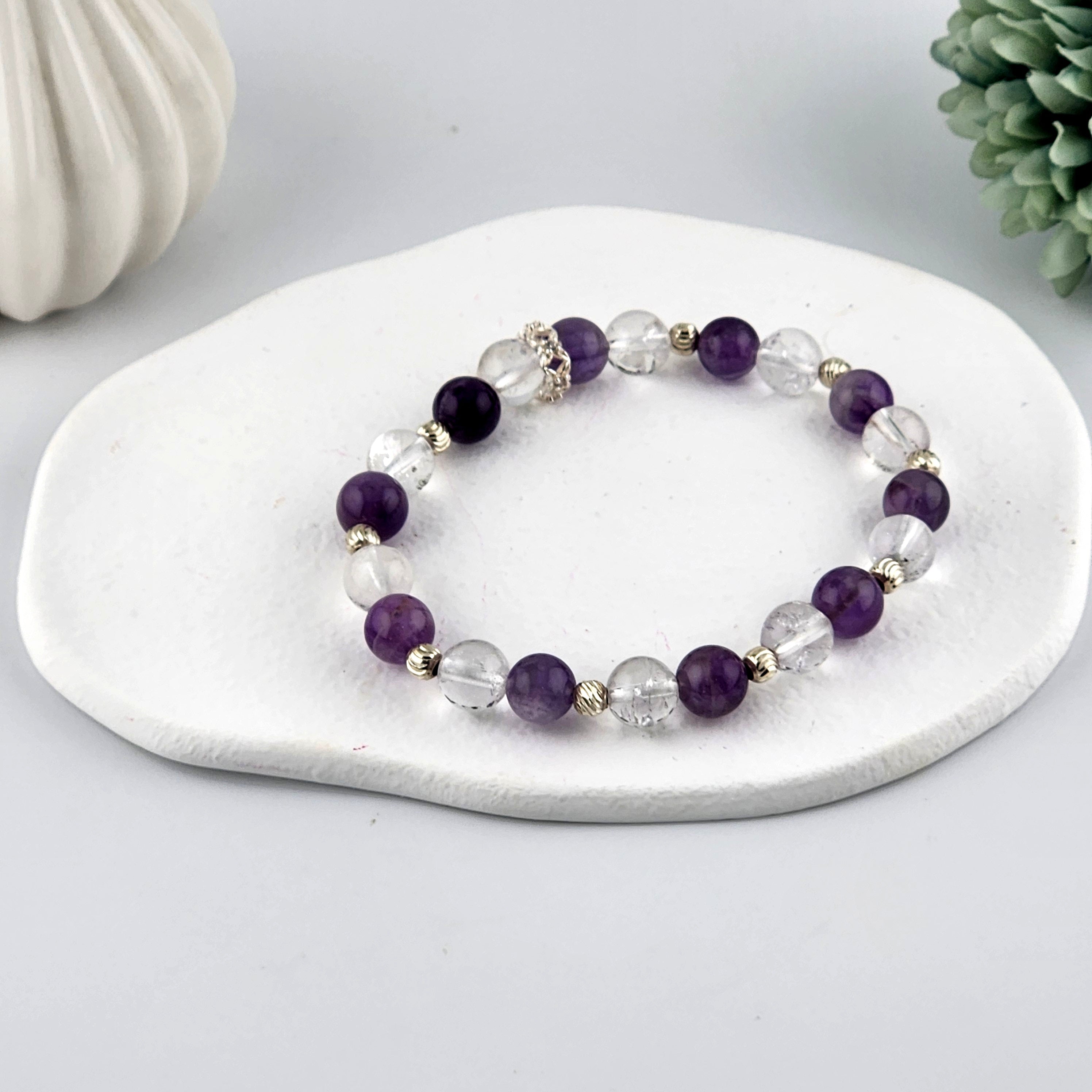 Amethyst + Clear Quartz Beaded Bracelet - 8mm