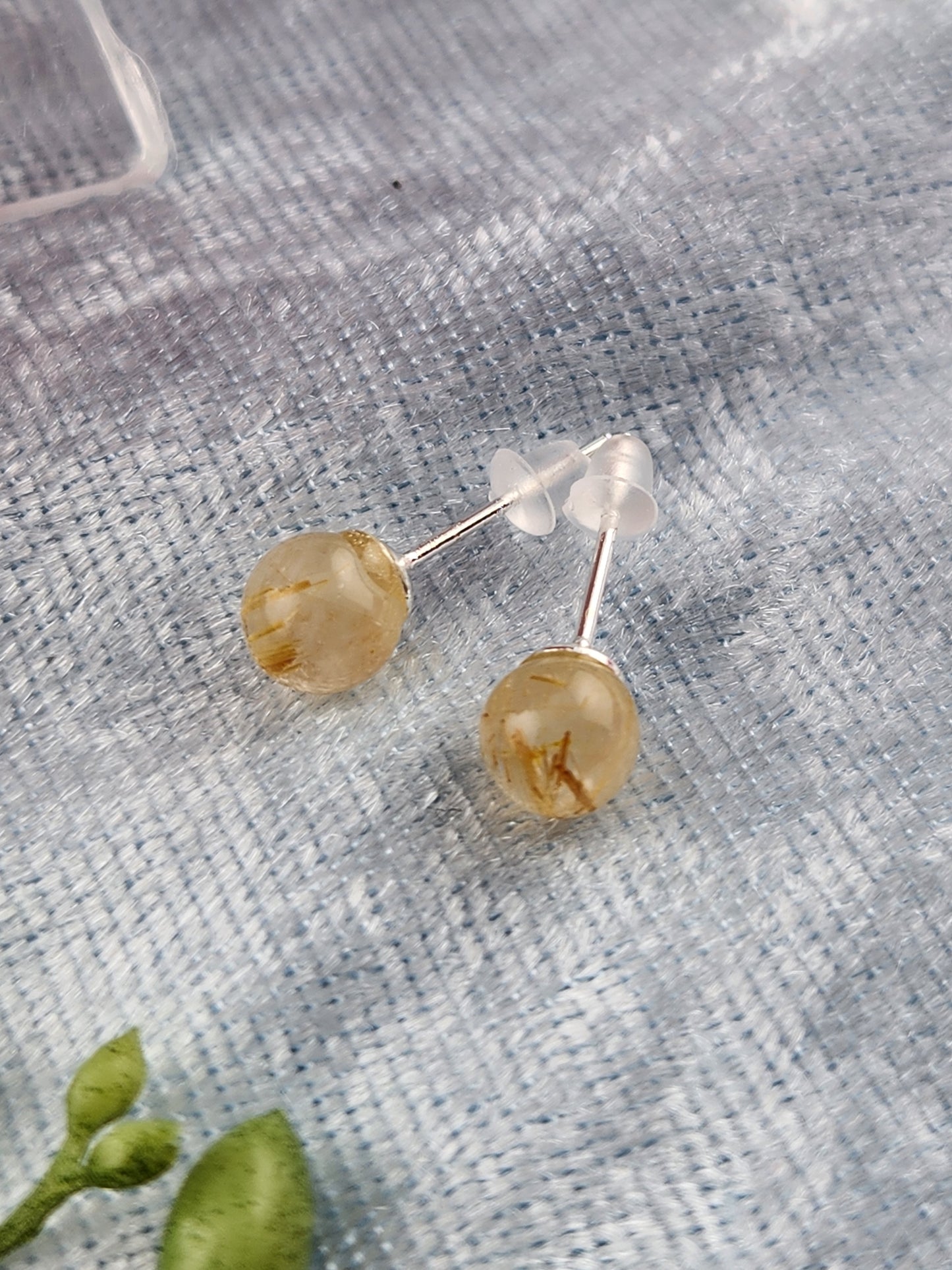 Gold Rutile Stud Earrings - Sterling Silver 925