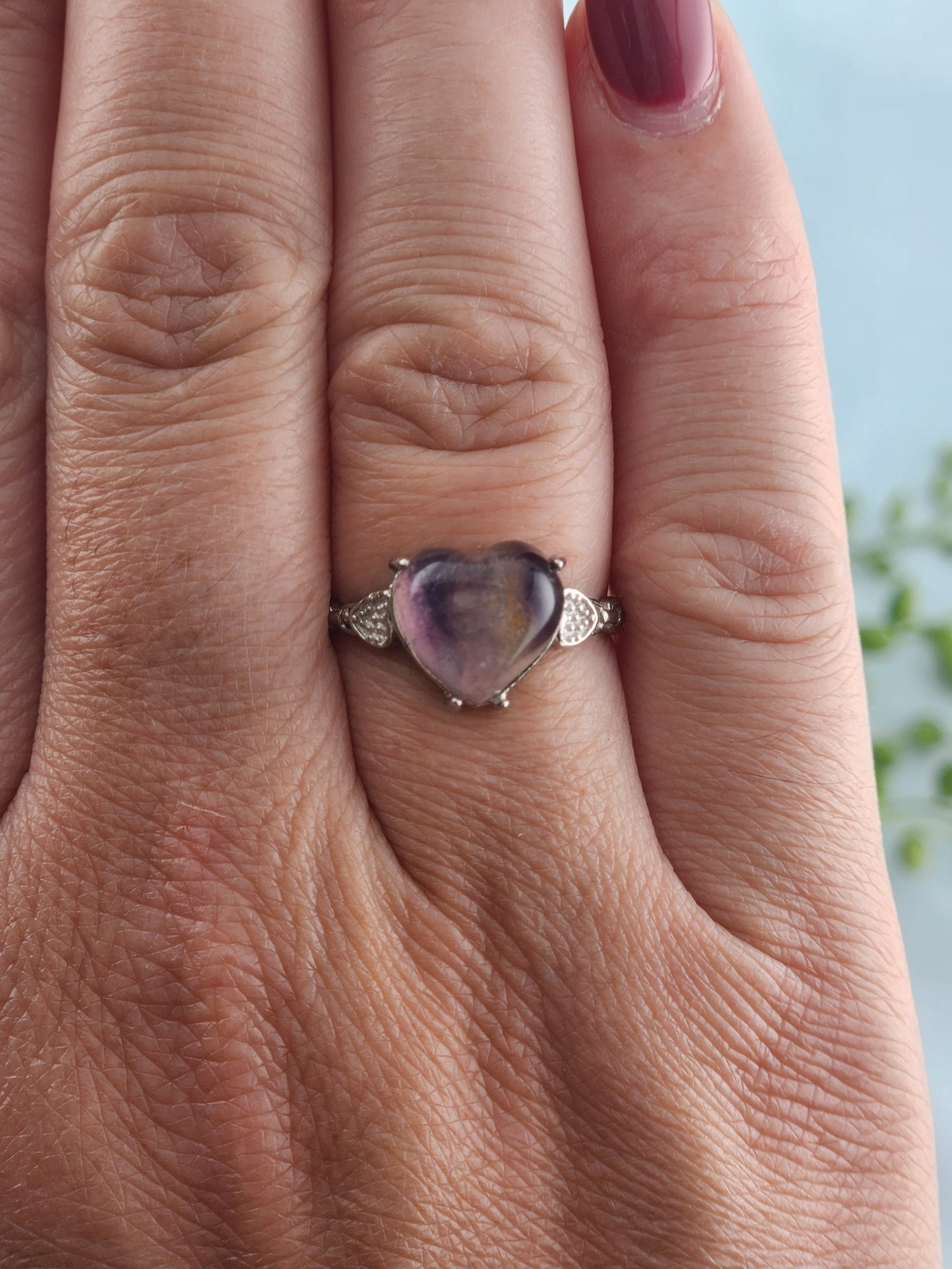 Rainbow Fluorite Heart Shaped Adjustable 925 Sterling Silver Ring