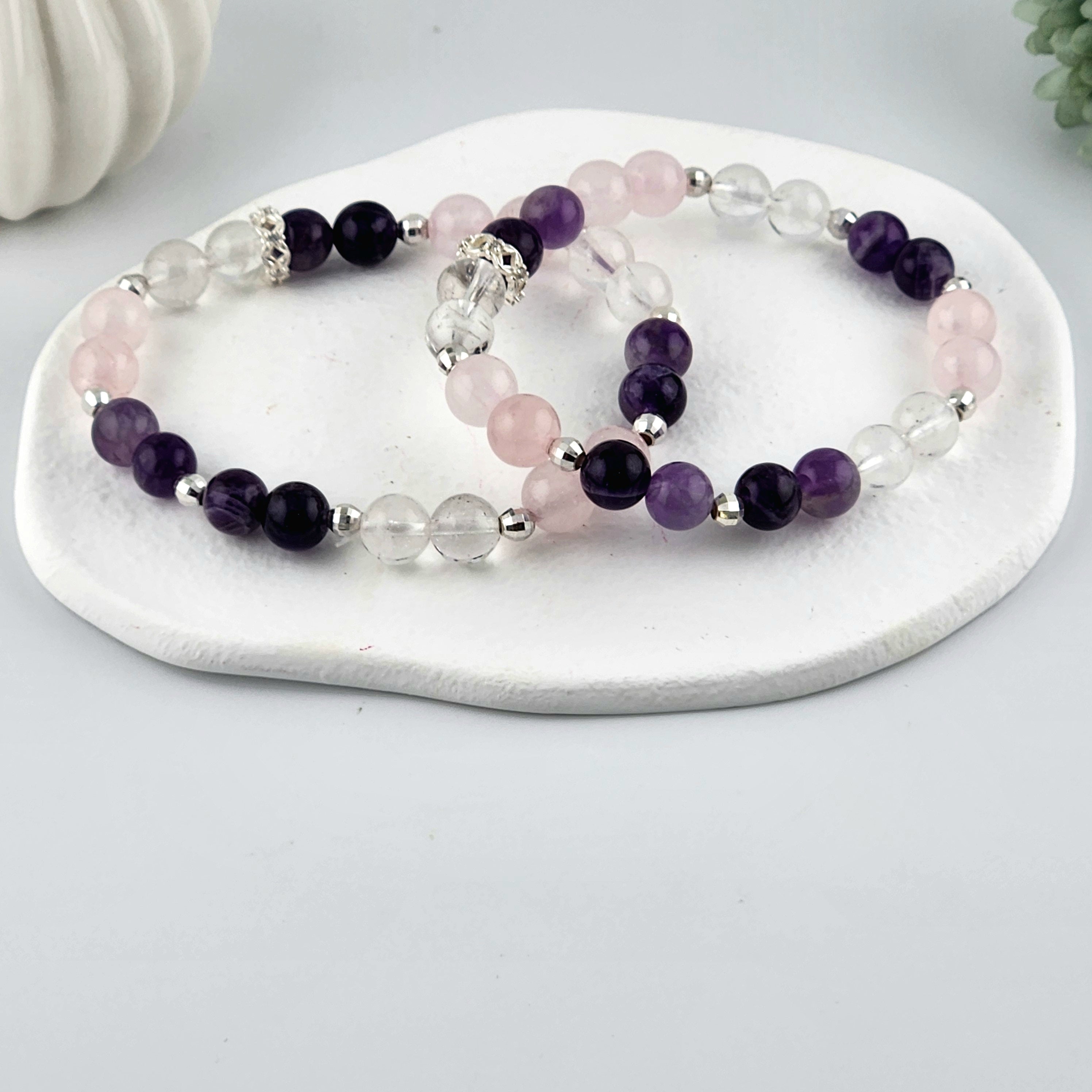 Amethyst, Rose Quartz + Clear Quartz Beaded Bracelet - 8mm