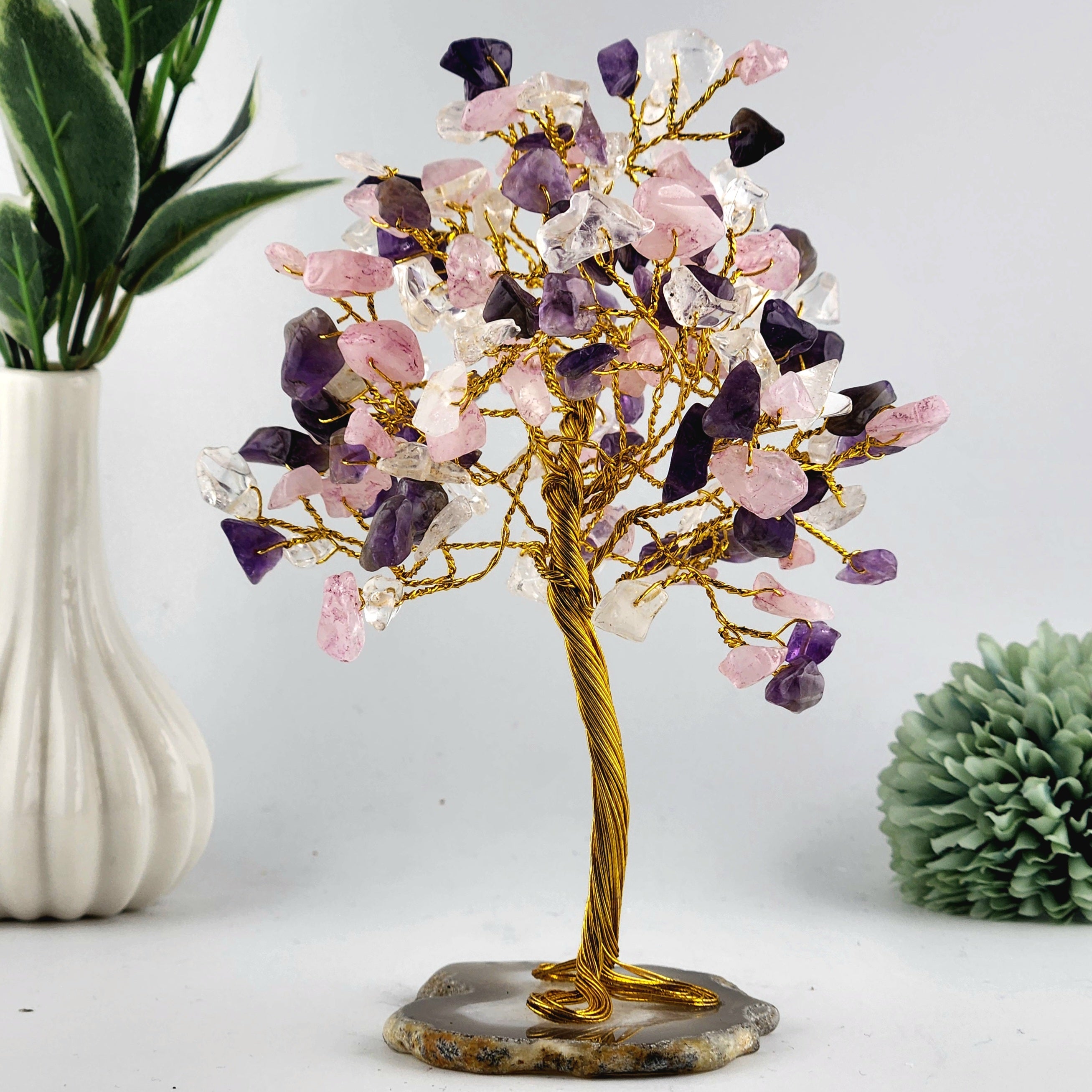 Amethyst, Rose Quartz + Clear Quartz Crystal Chip Tree