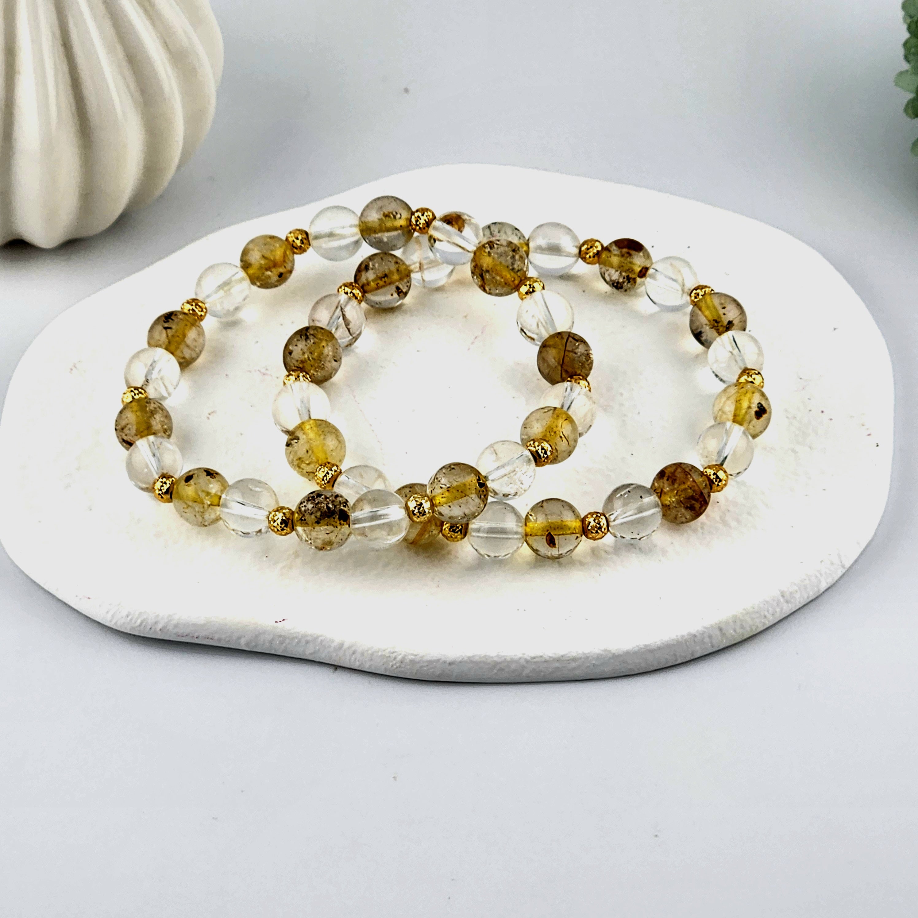 Gold Rutilated Quartz + Clear Quartz Beaded Bracelet - 8mm