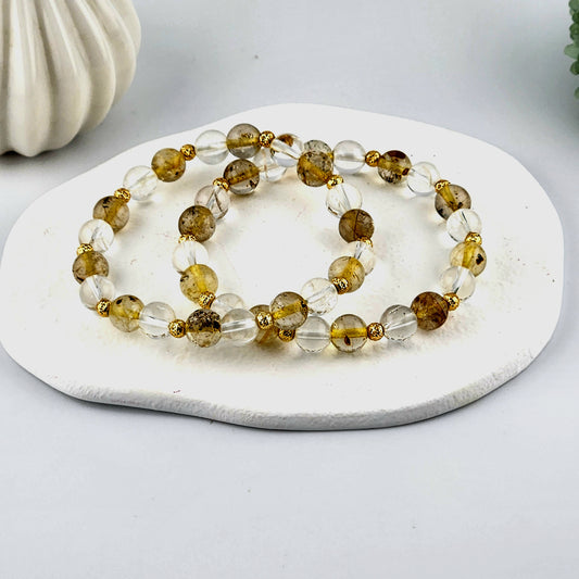 Gold Rutilated Quartz + Clear Quartz Beaded Bracelet - 8mm