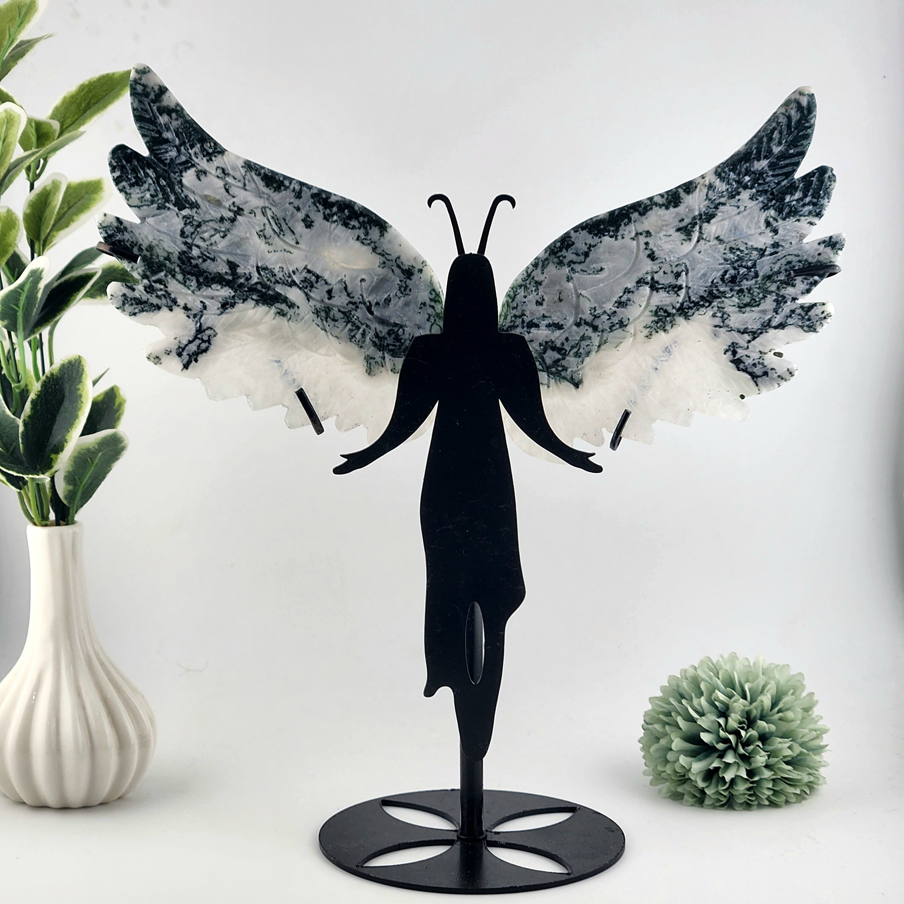 Moss Agate Angel Wings On Black Stand