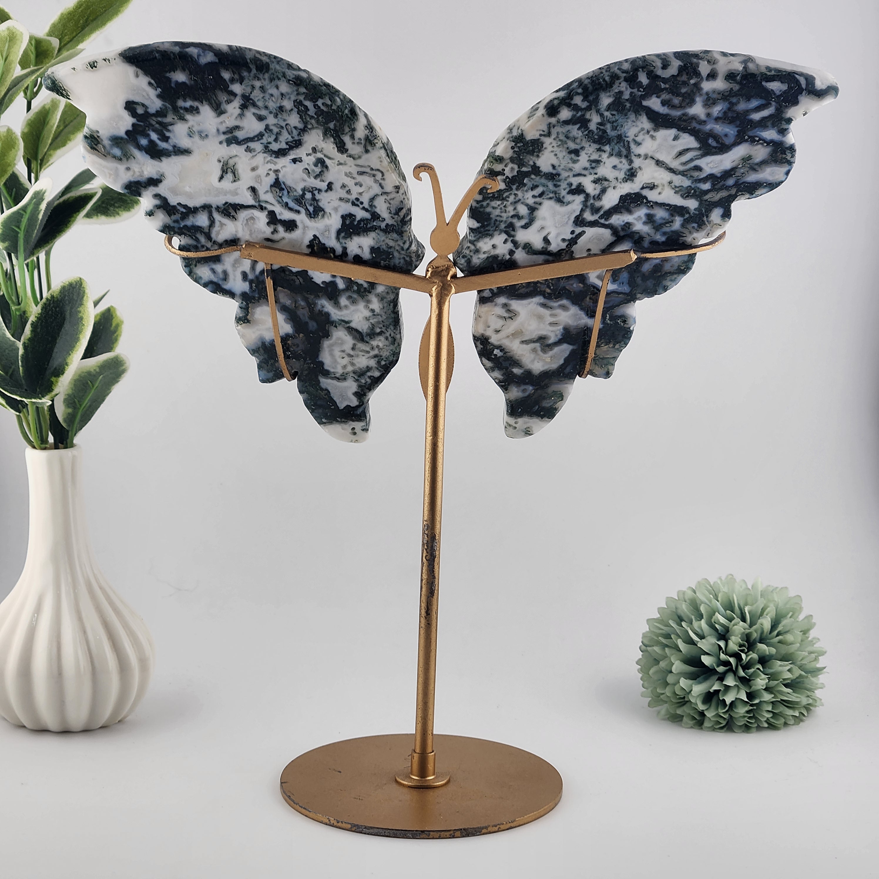 Moss Agate Butterfly Wings On Custom Gold Stand