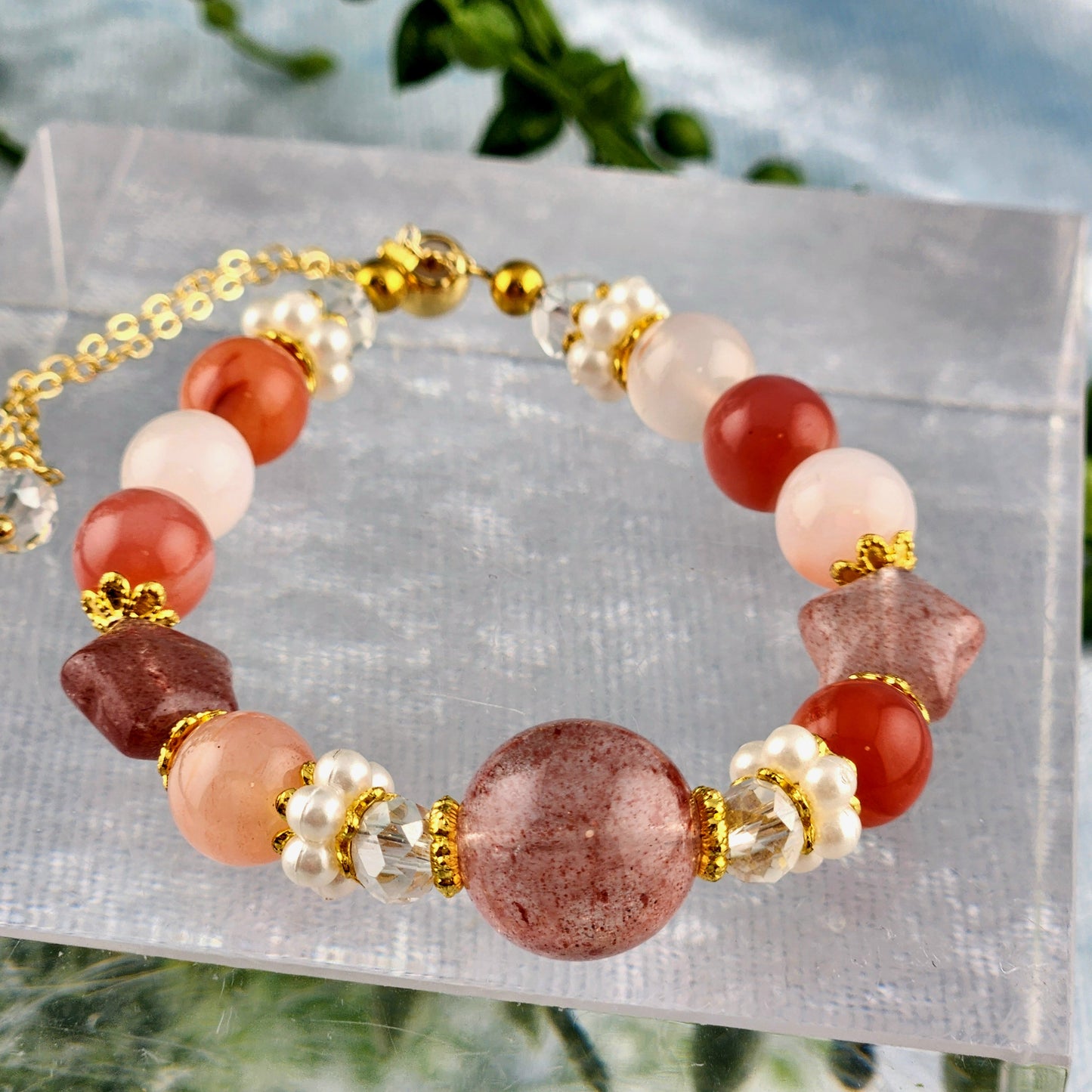 Strawberry Quartz + Red Agate + Clear Quartz Bracelet