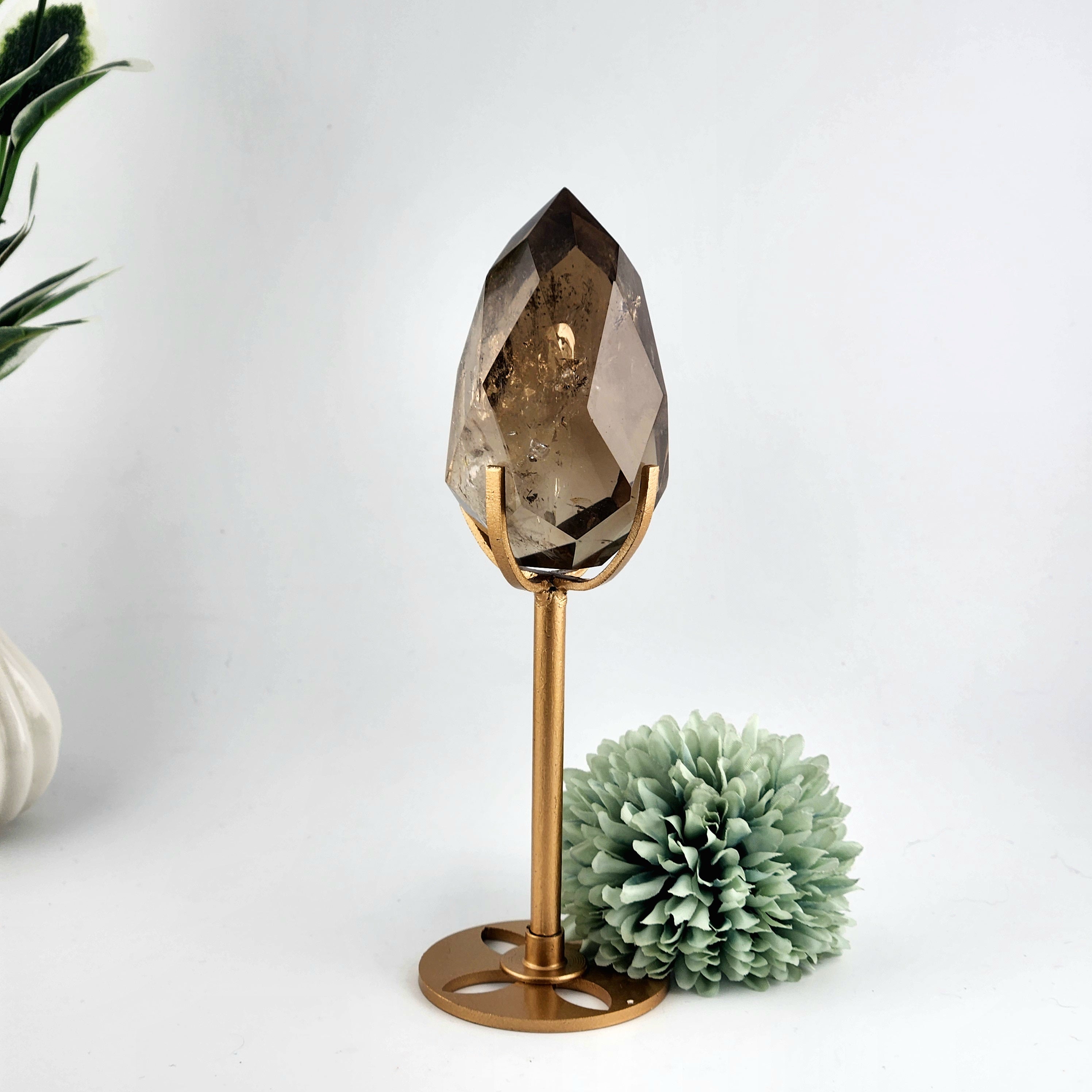 Faceted Smokey Quartz Diamond On Custom Gold Stand