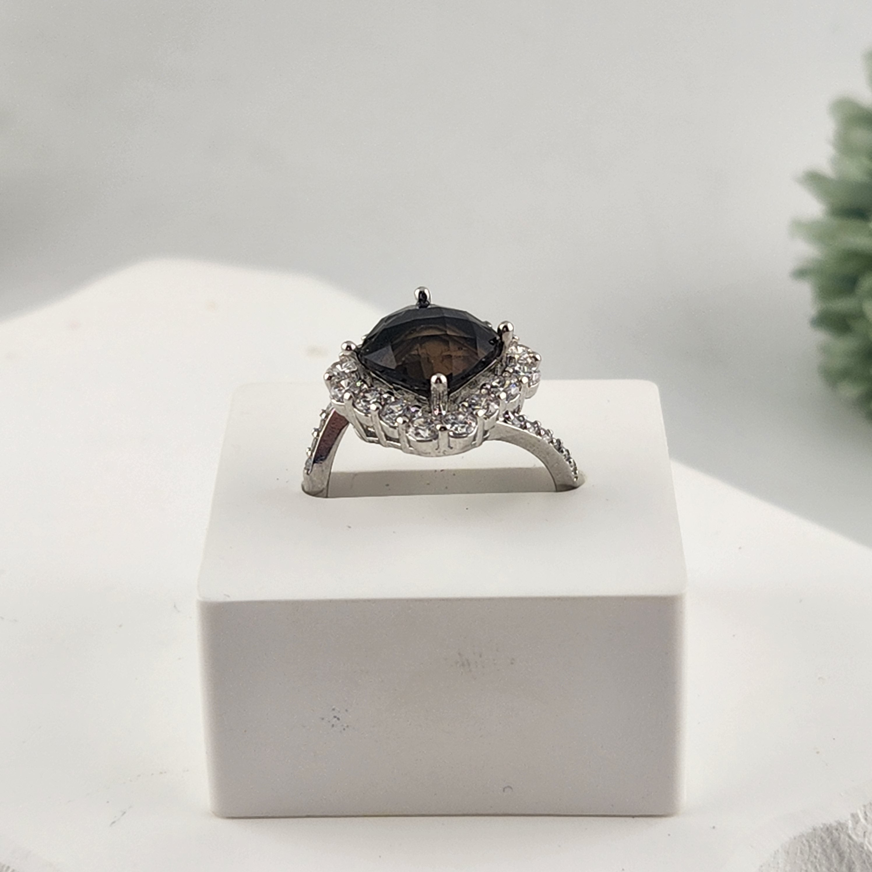 Smokey Quartz & Cubic Zirconia Adjustable Ring - Copper Plated