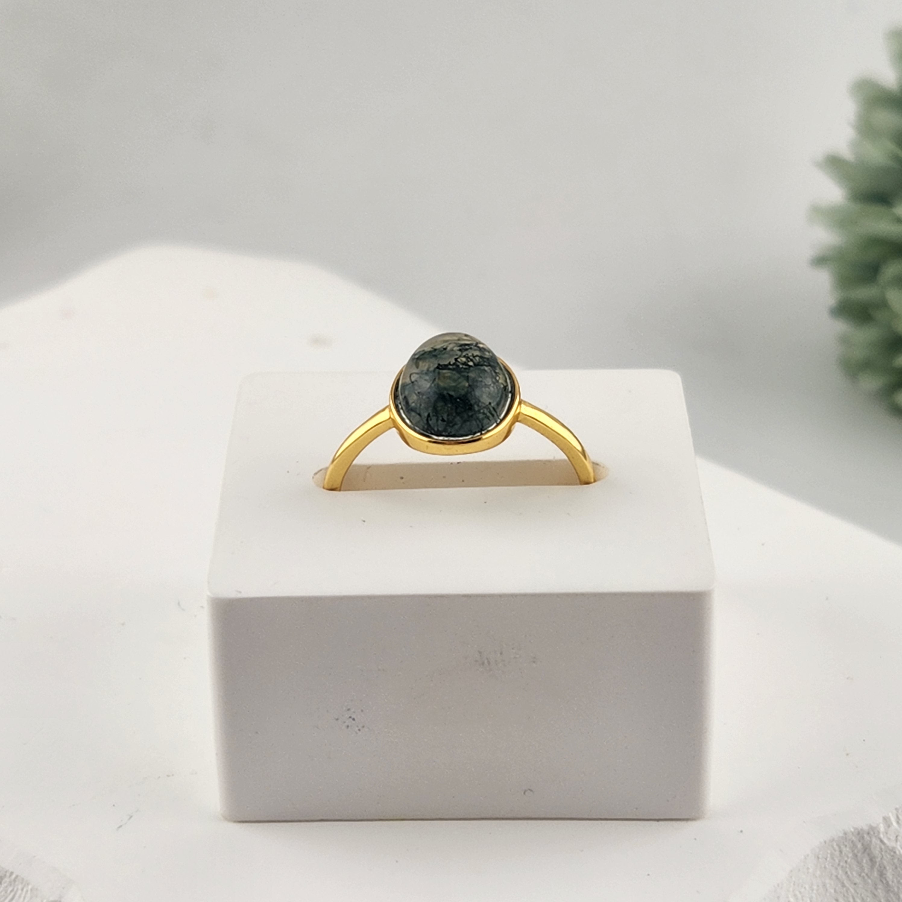 Gold-Plated Sterling Silver Moss Agate Adjustable Ring