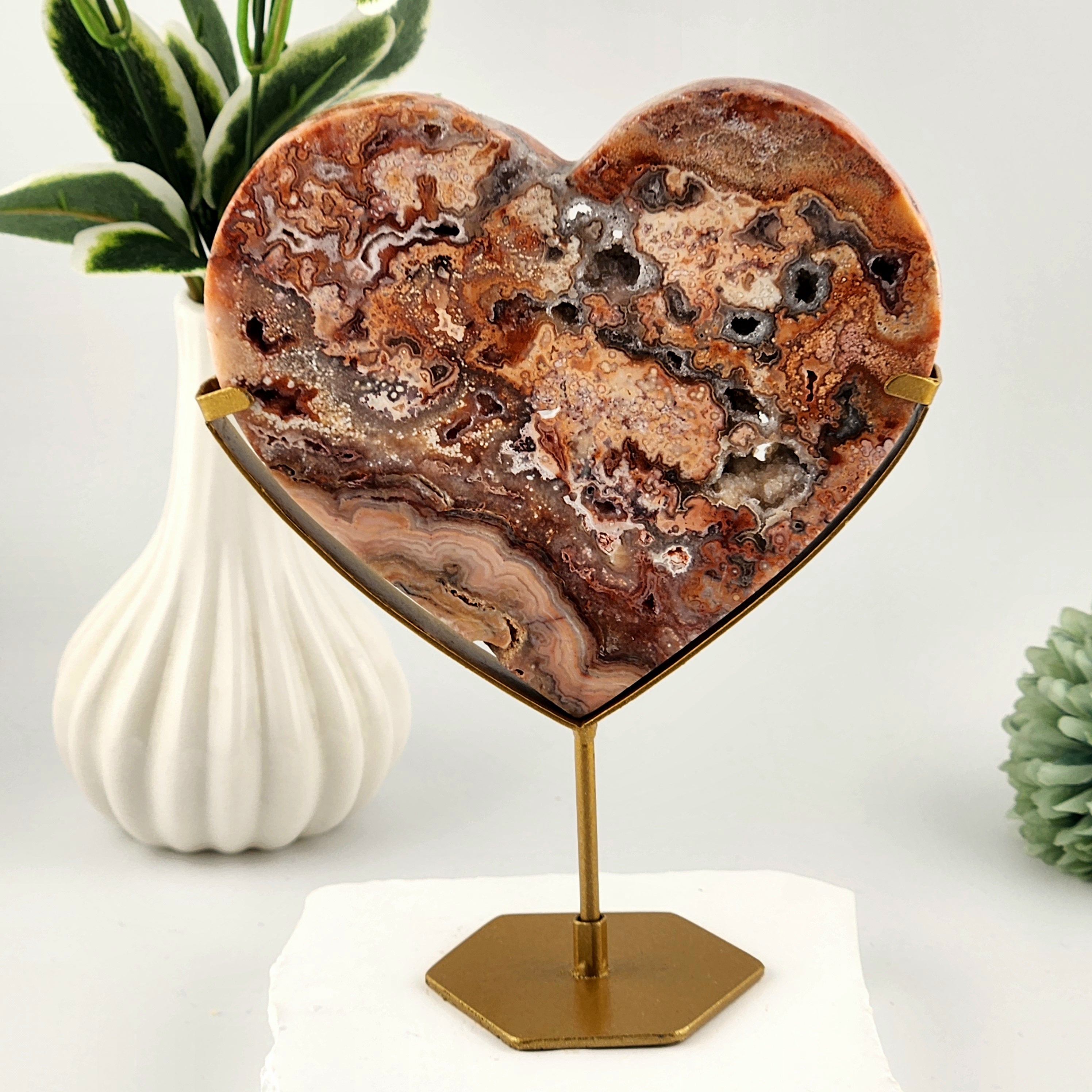 Pink Crazy Lace Agate Heart on Custom Gold Stand