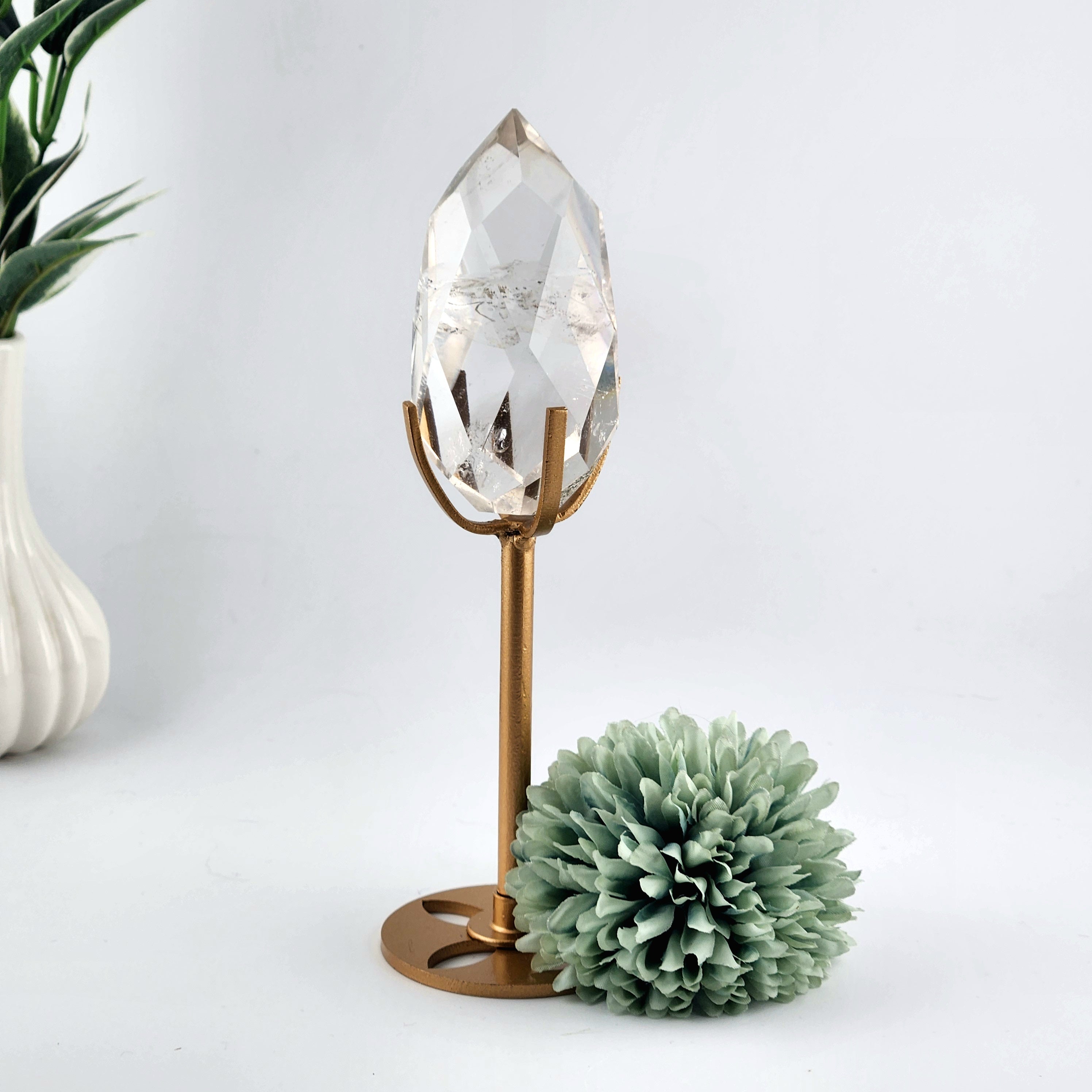 Faceted Clear Quartz Diamond On Custom Gold Stand