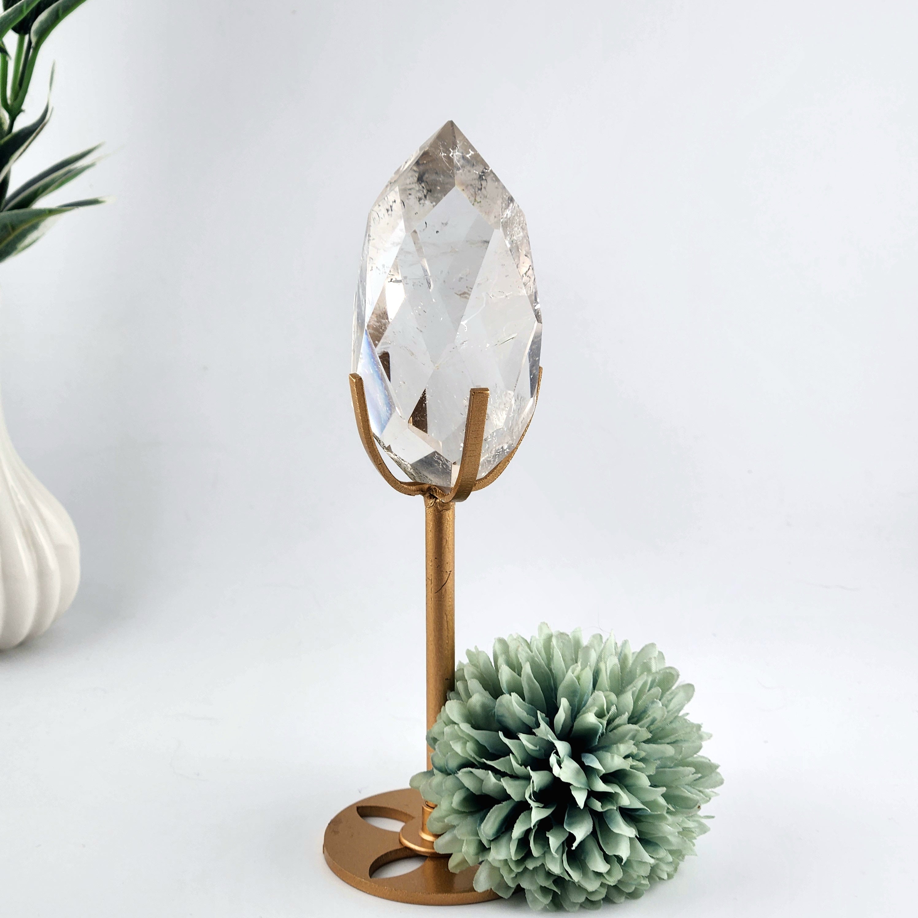 Faceted Clear Quartz Diamond On Custom Gold Stand