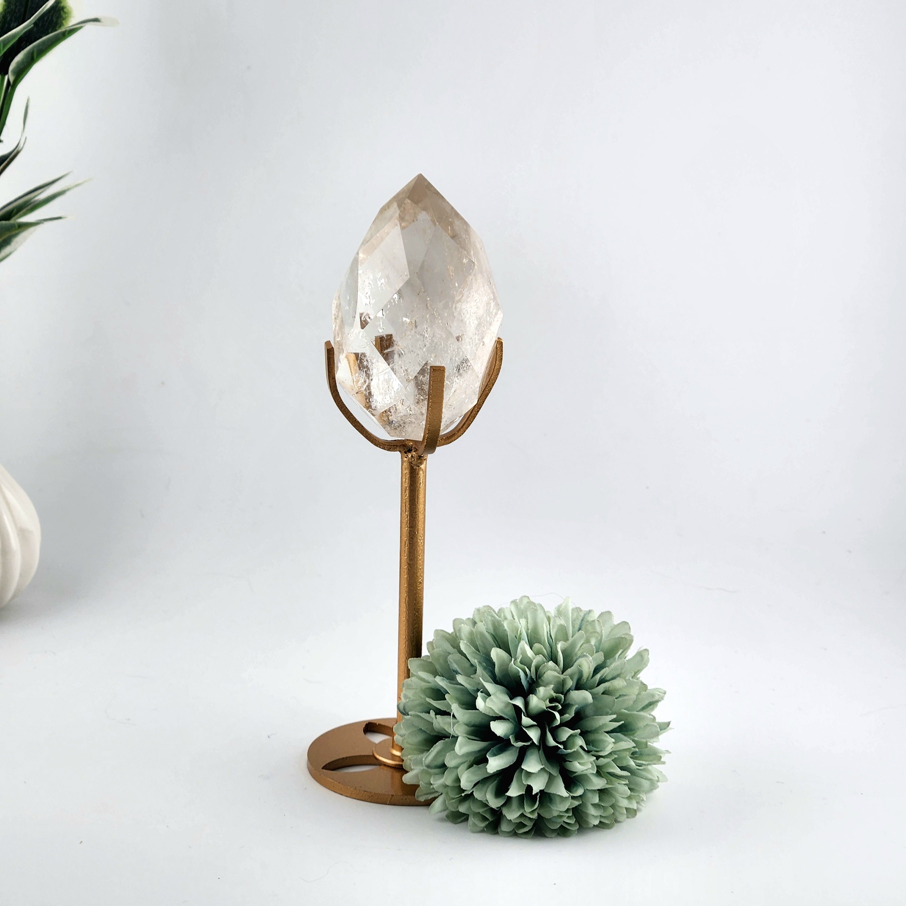 Faceted Clear Quartz Diamond On Custom Gold Stand