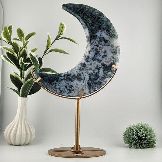 Moss Agate Moon On Custom Gold Stand