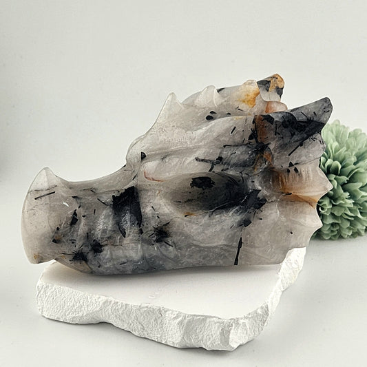 Black Rutile in Clear Quartz Dragon Head