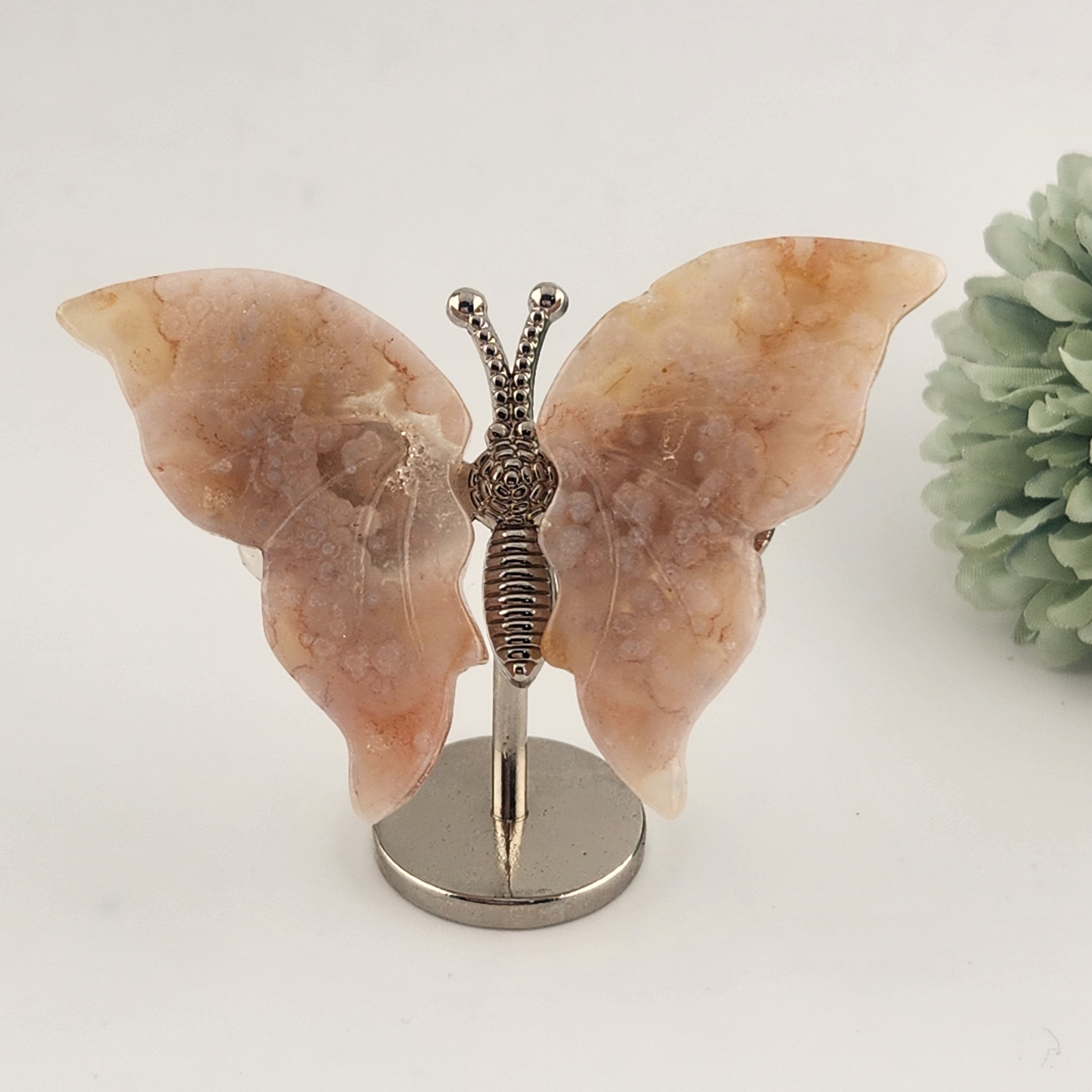 Pink Flower Agate Butterfly On Stand