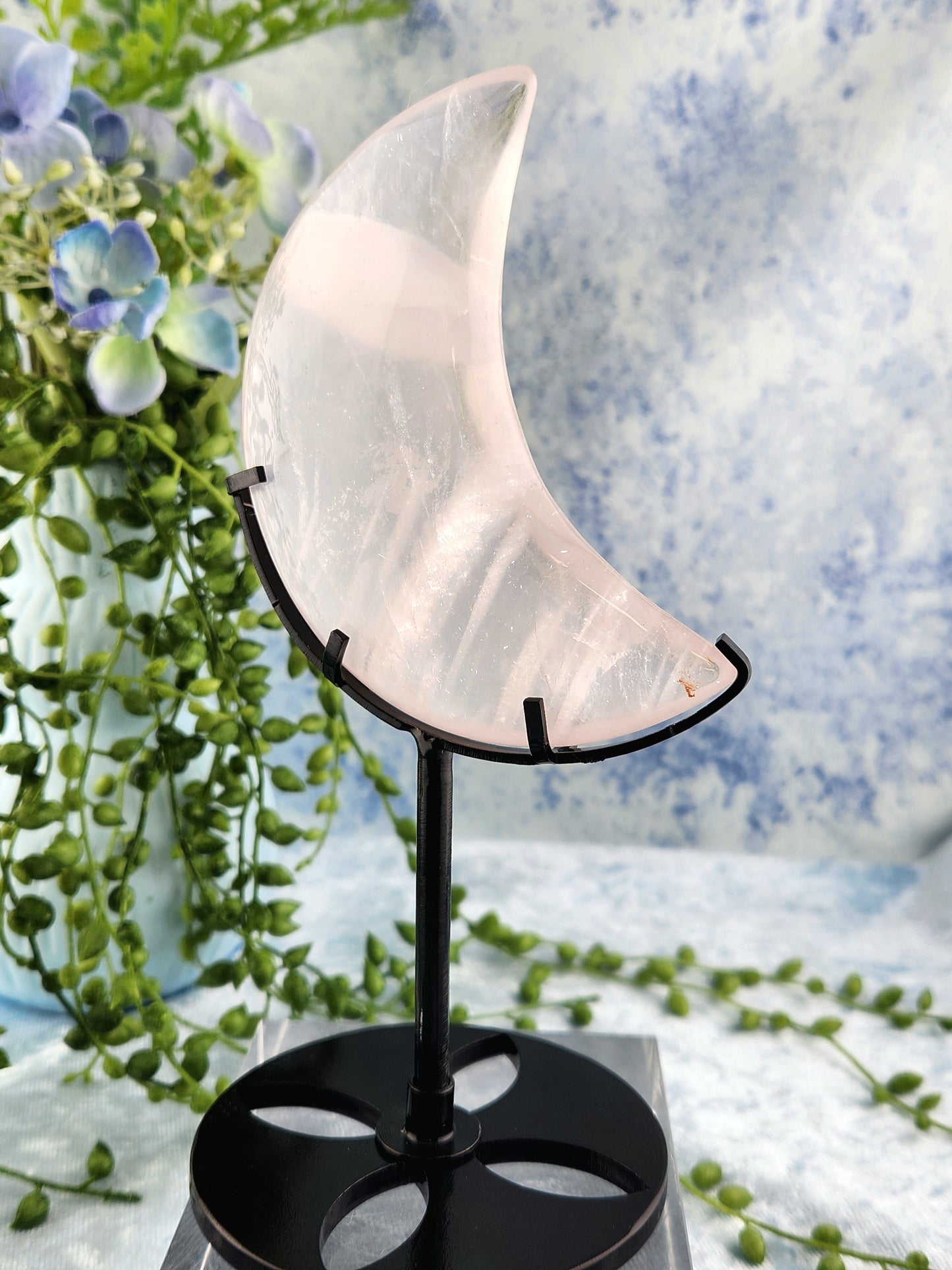 Rose Quartz Moon on Custom Stand