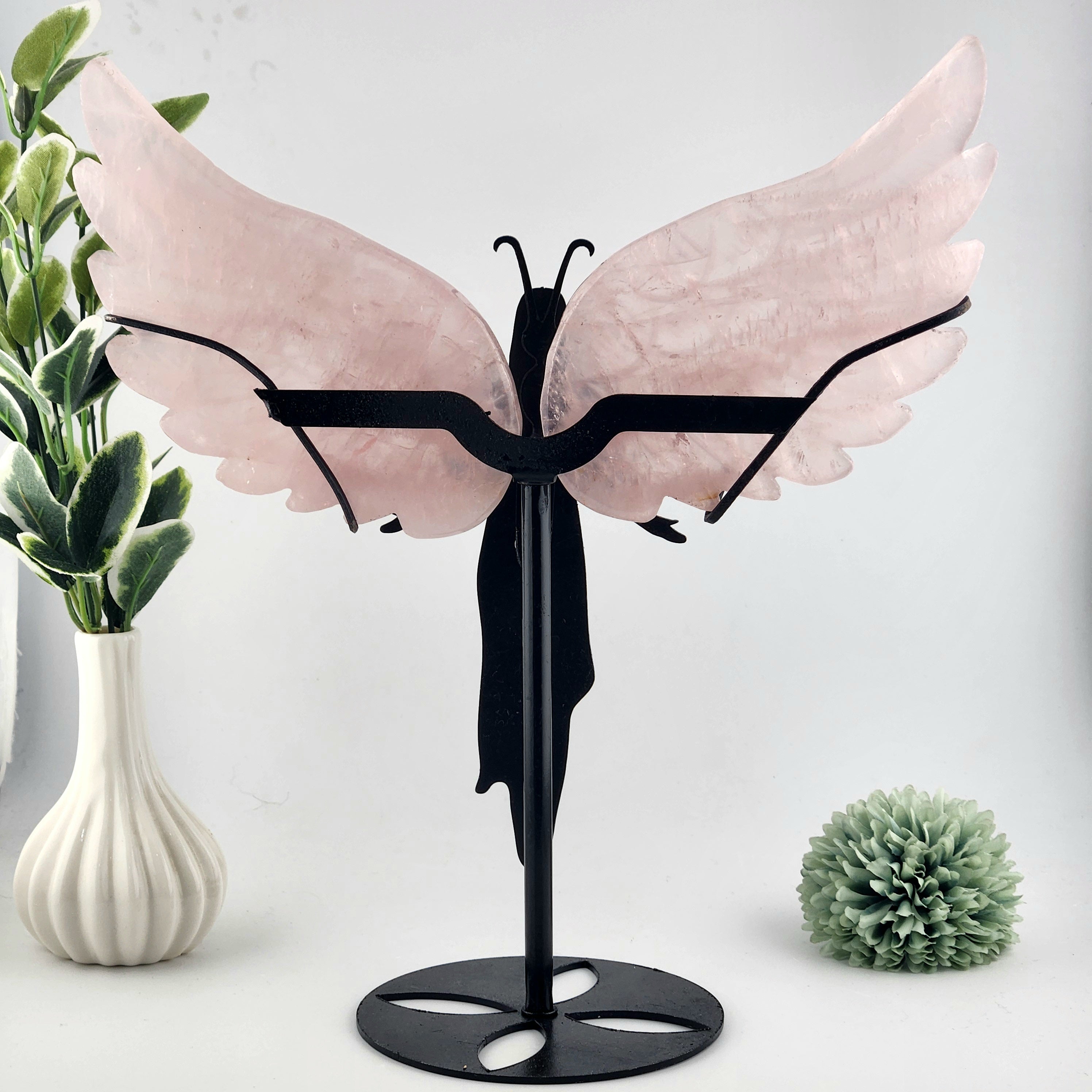 Rose Quartz Angel Wings On Black Stand
