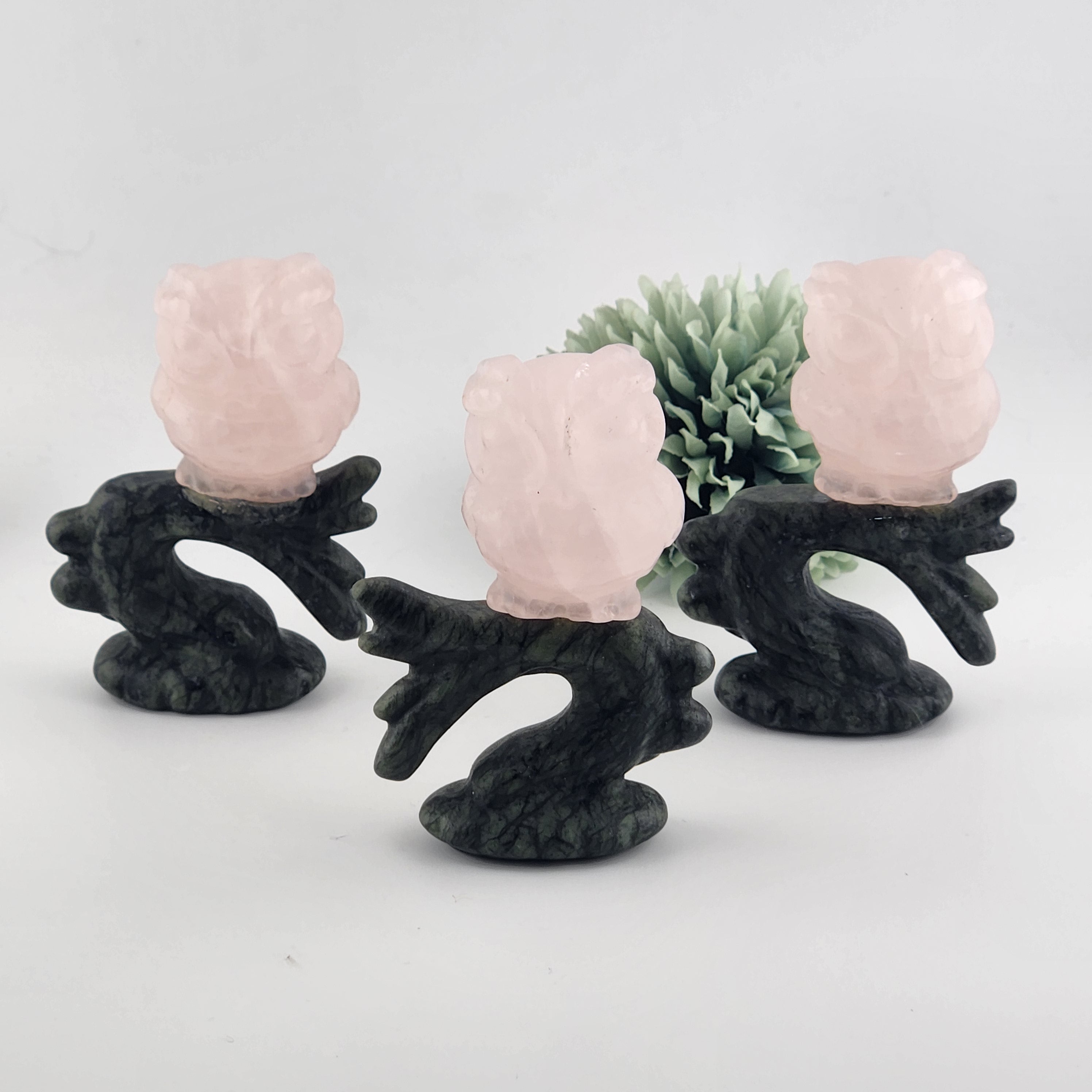 Rose Quartz Owl on Green Jade Branch