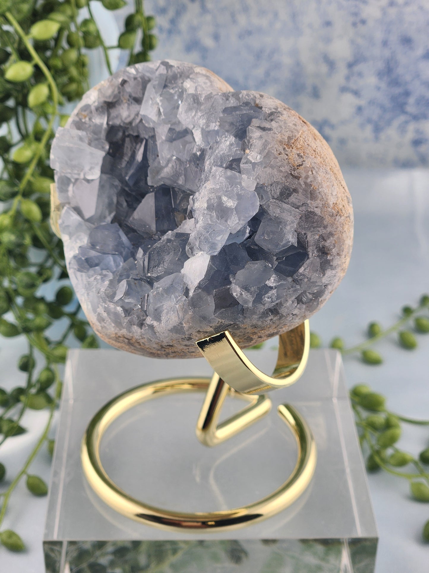 Celestite Heart On Gold Stand