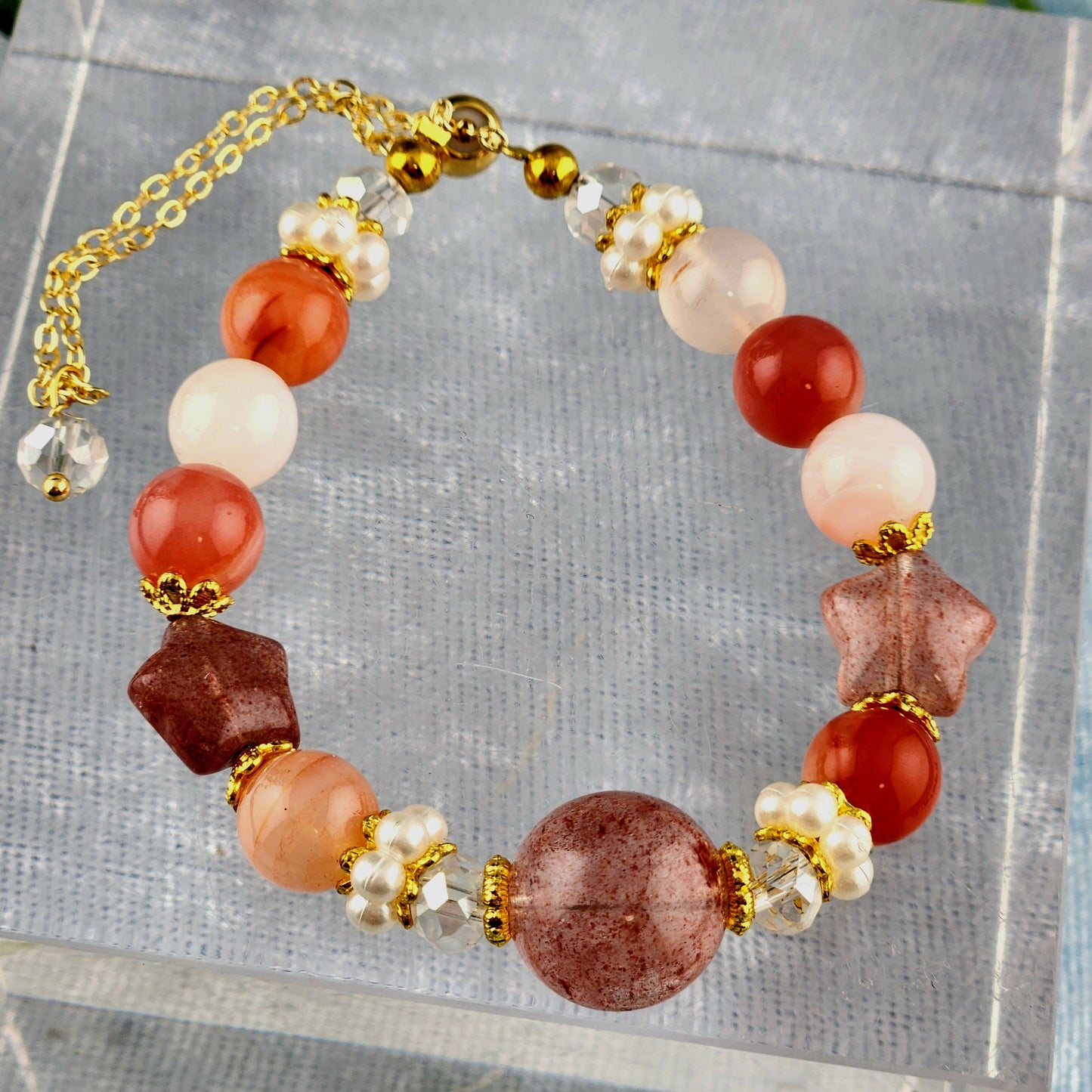 Strawberry Quartz + Red Agate + Clear Quartz Bracelet