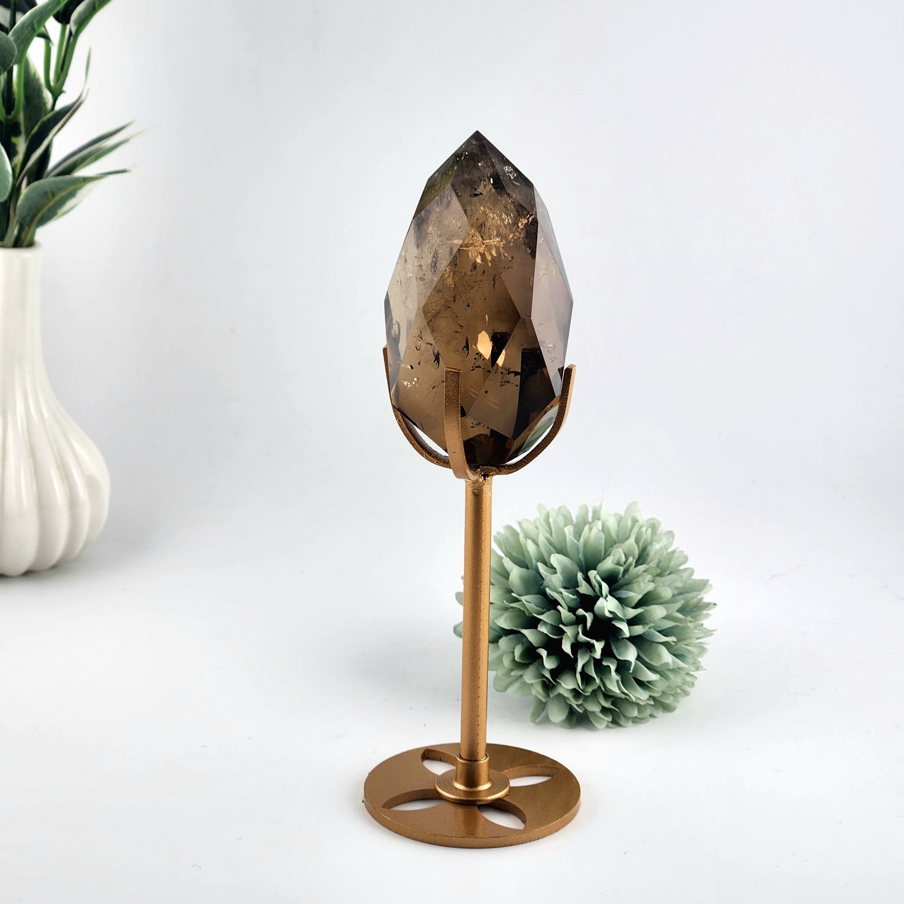 Faceted Smokey Quartz Diamond On Custom Gold Stand