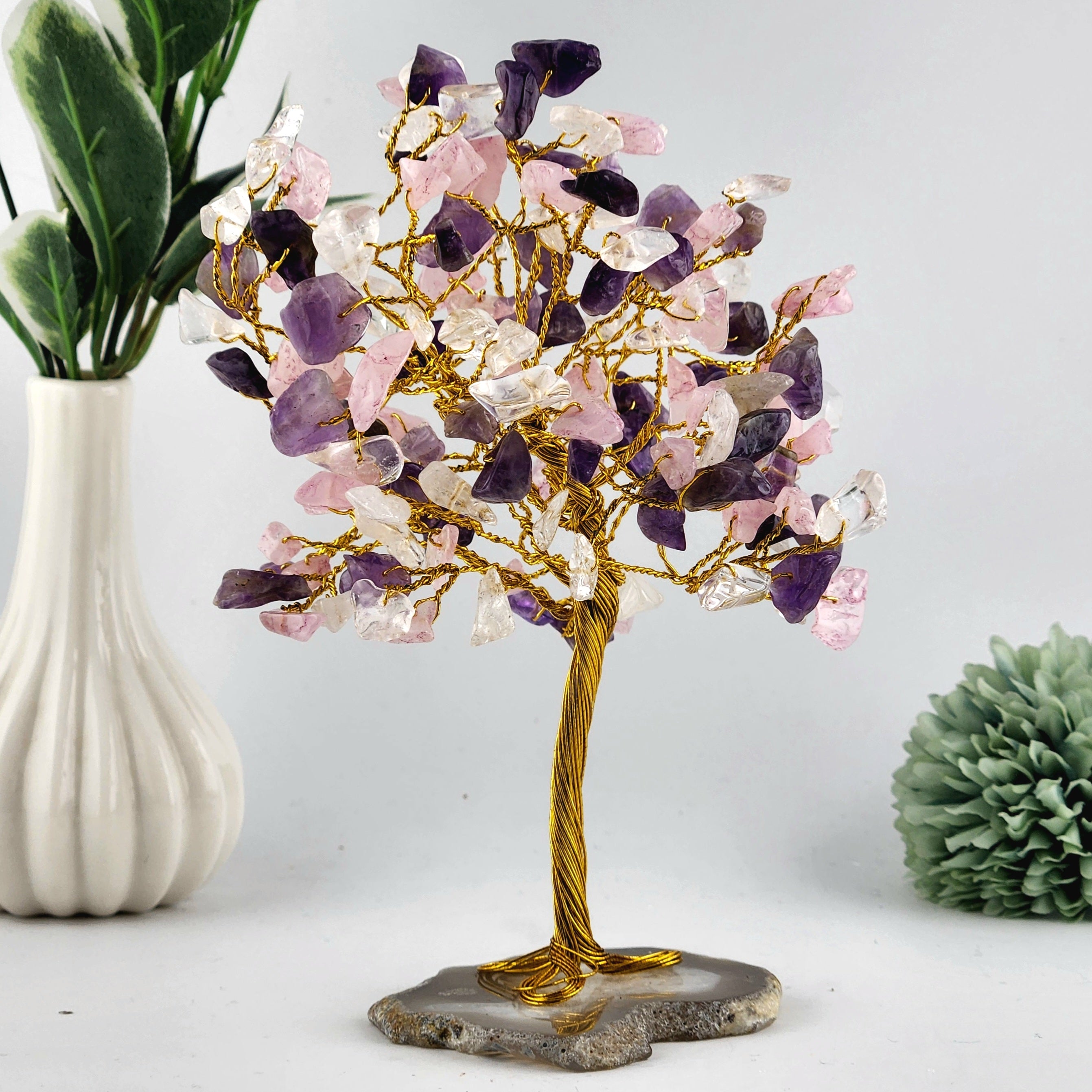 Amethyst, Rose Quartz + Clear Quartz Crystal Chip Tree