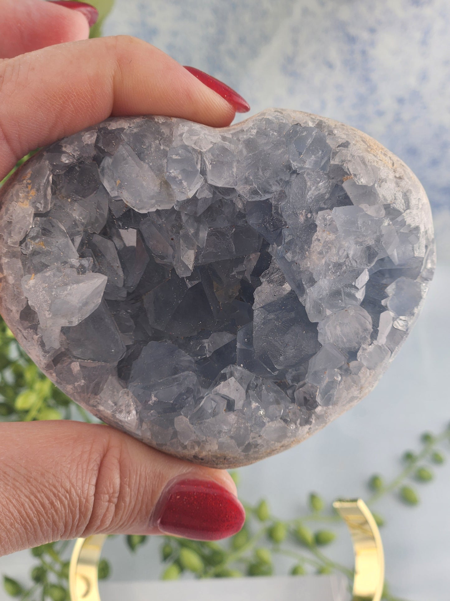 Celestite Heart On Gold Stand